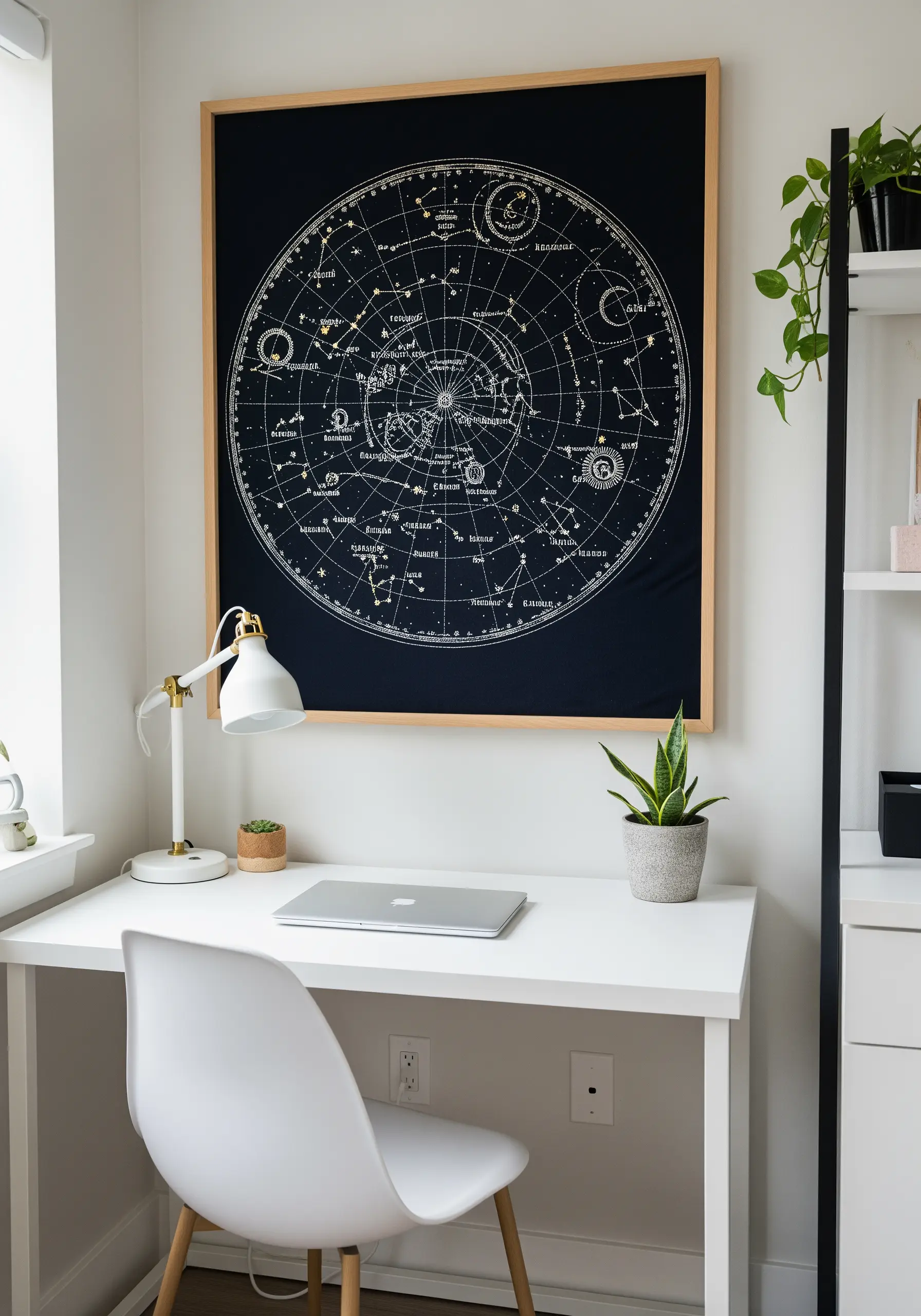 A large, framed embroidery of a celestial map on black fabric with white thread.
