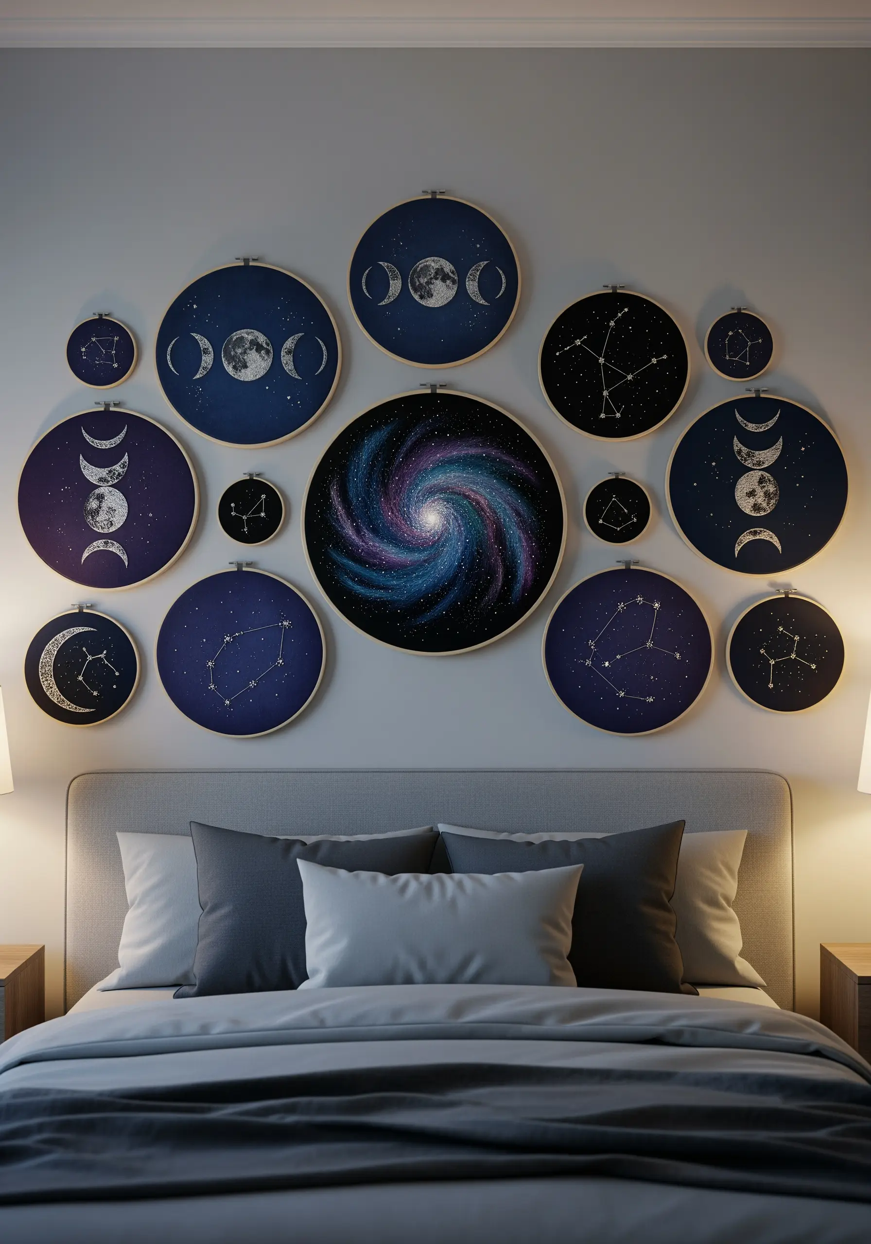 A gallery wall of celestial embroidery hoops featuring moon phases, constellations, and a galaxy.