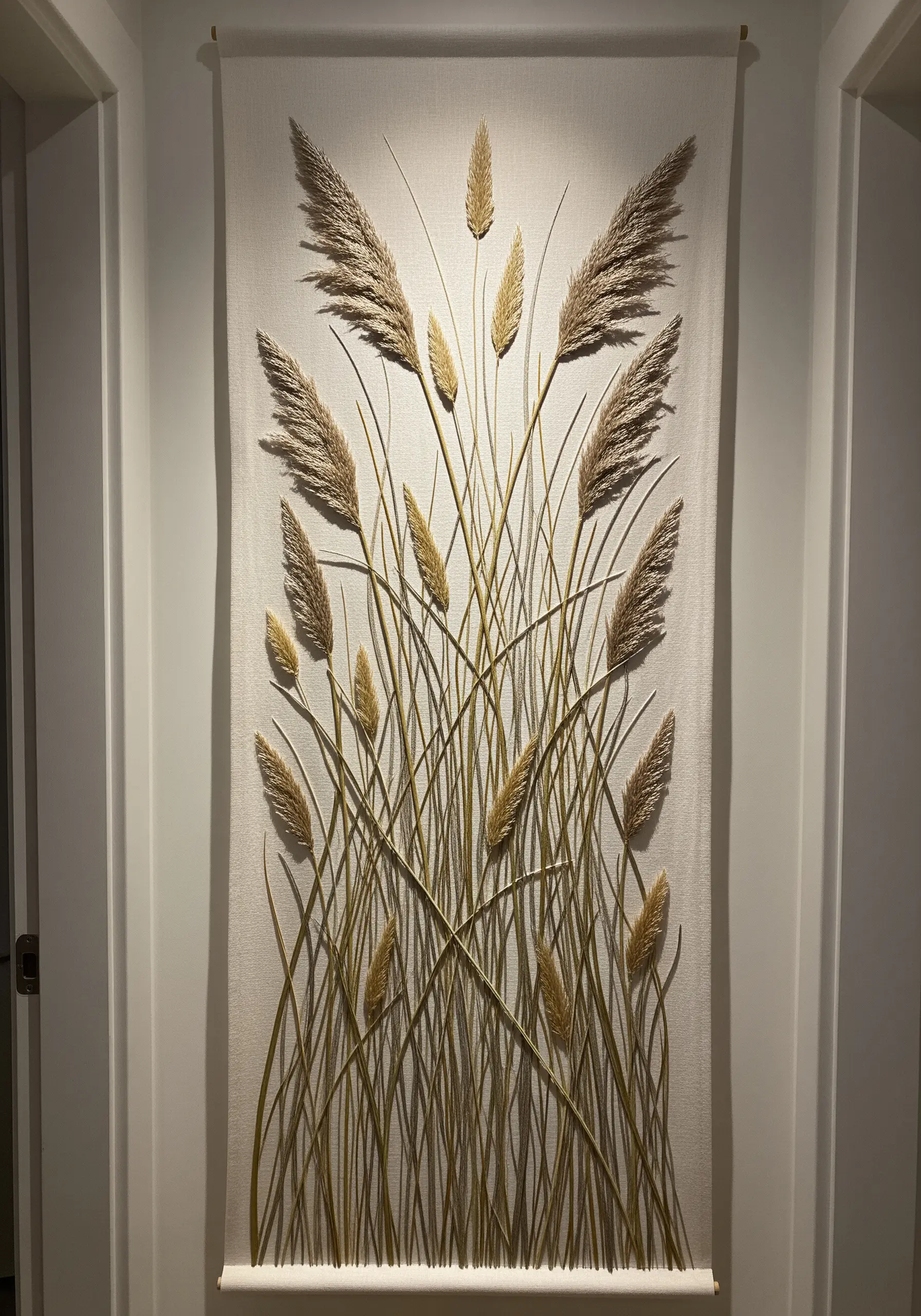 A wall hanging with delicately embroidered pampas grass, featuring textured plumes.