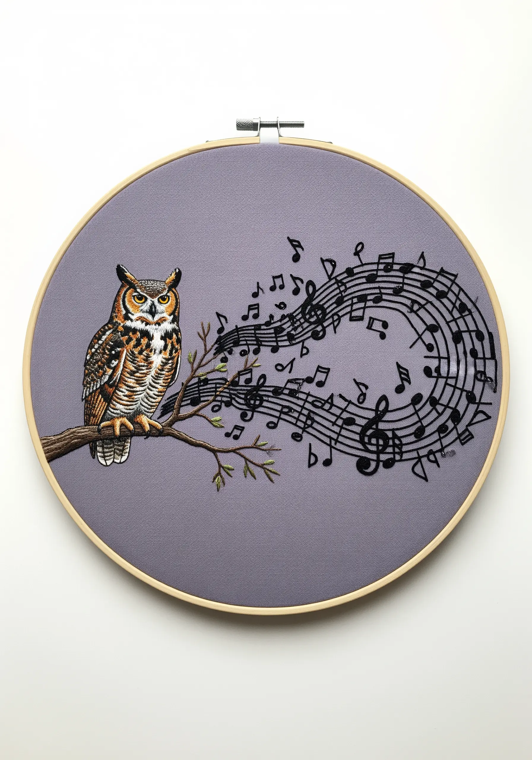 An embroidered owl on a branch, with a swirl of musical notes flowing out from it into the air.