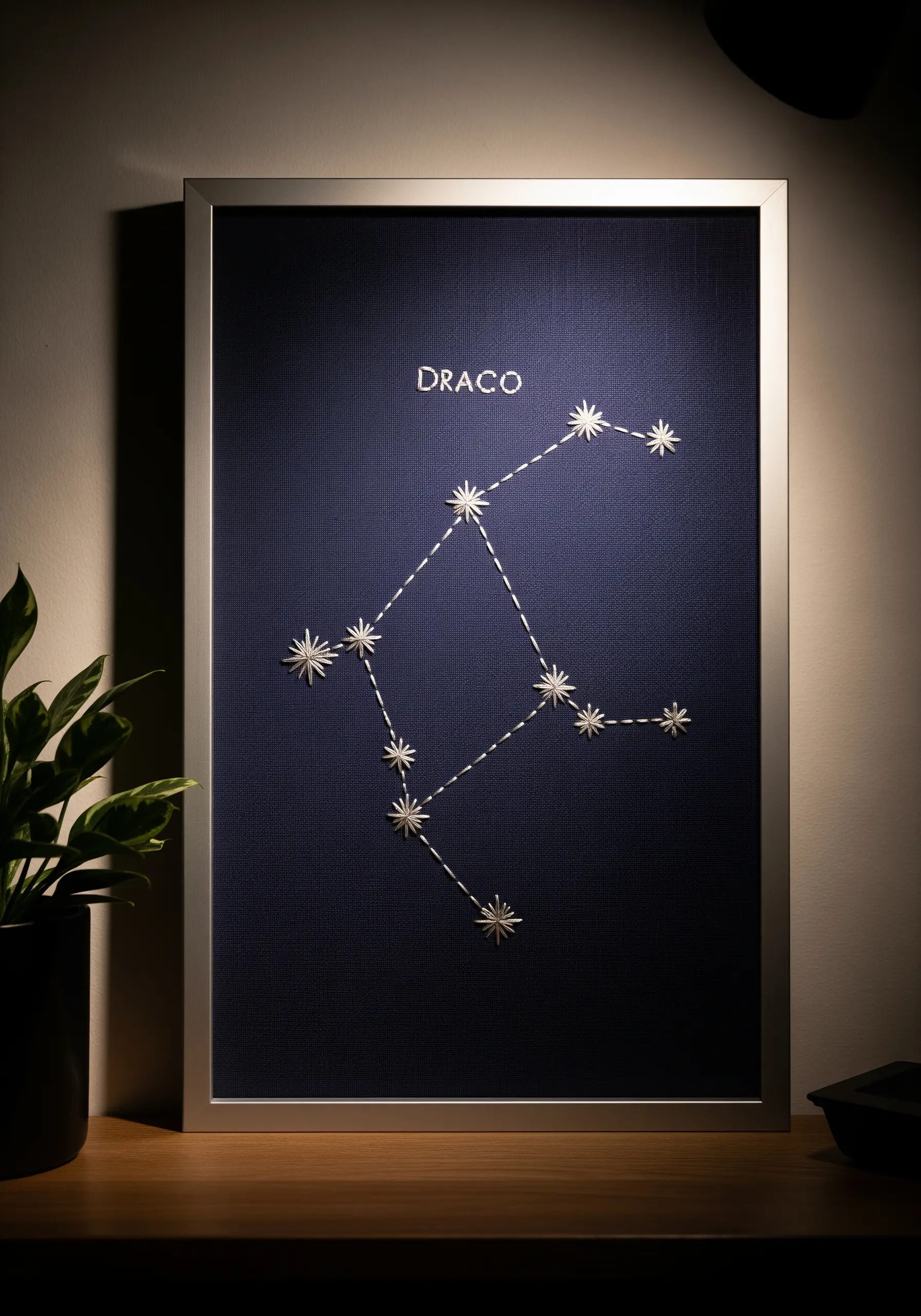 Draco constellation embroidered in white thread on dark blue fabric inside a silver frame.
