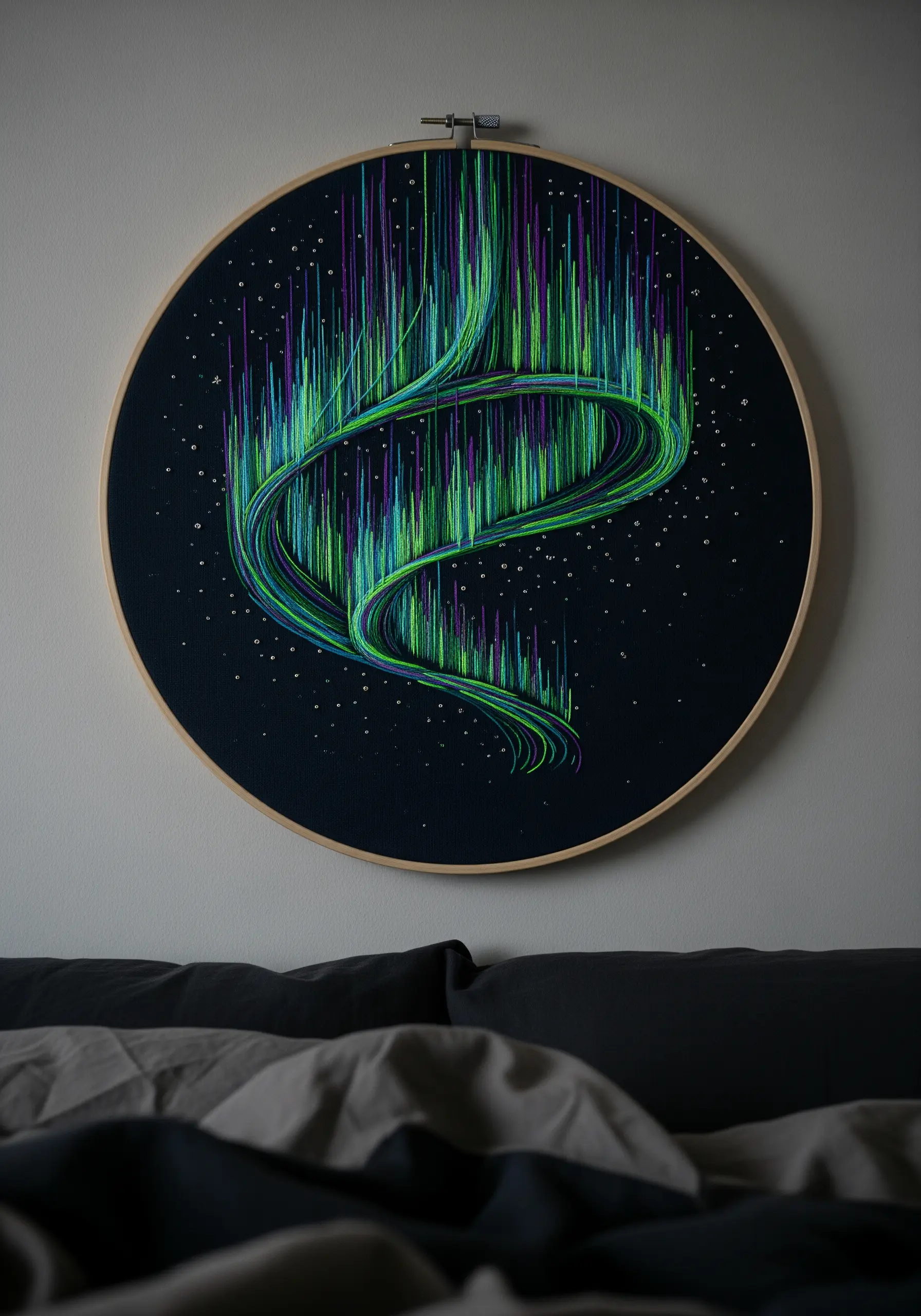 Embroidery of the aurora borealis with flowing green and purple vertical stitches on black fabric.