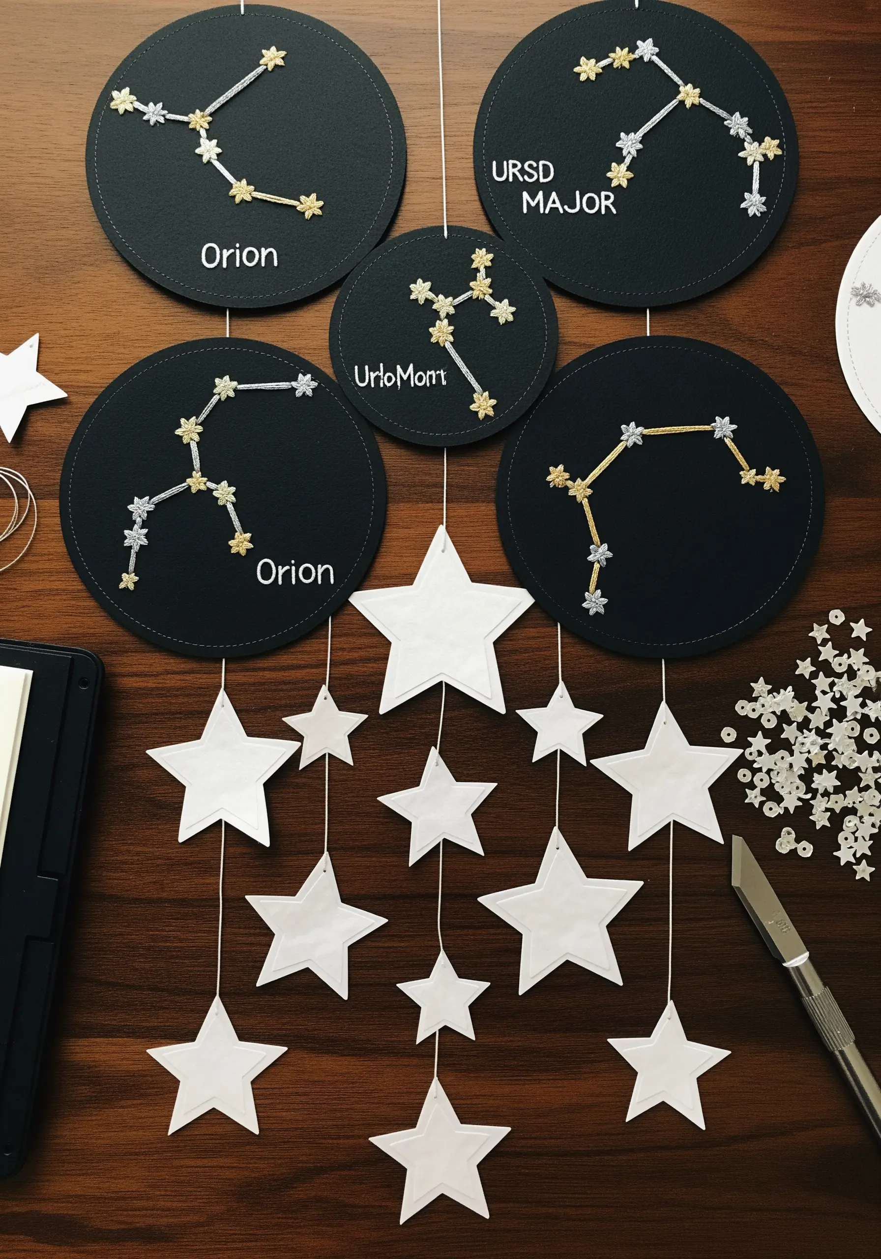 Embroidered constellations on black paper circles using metallic gold and silver thread.