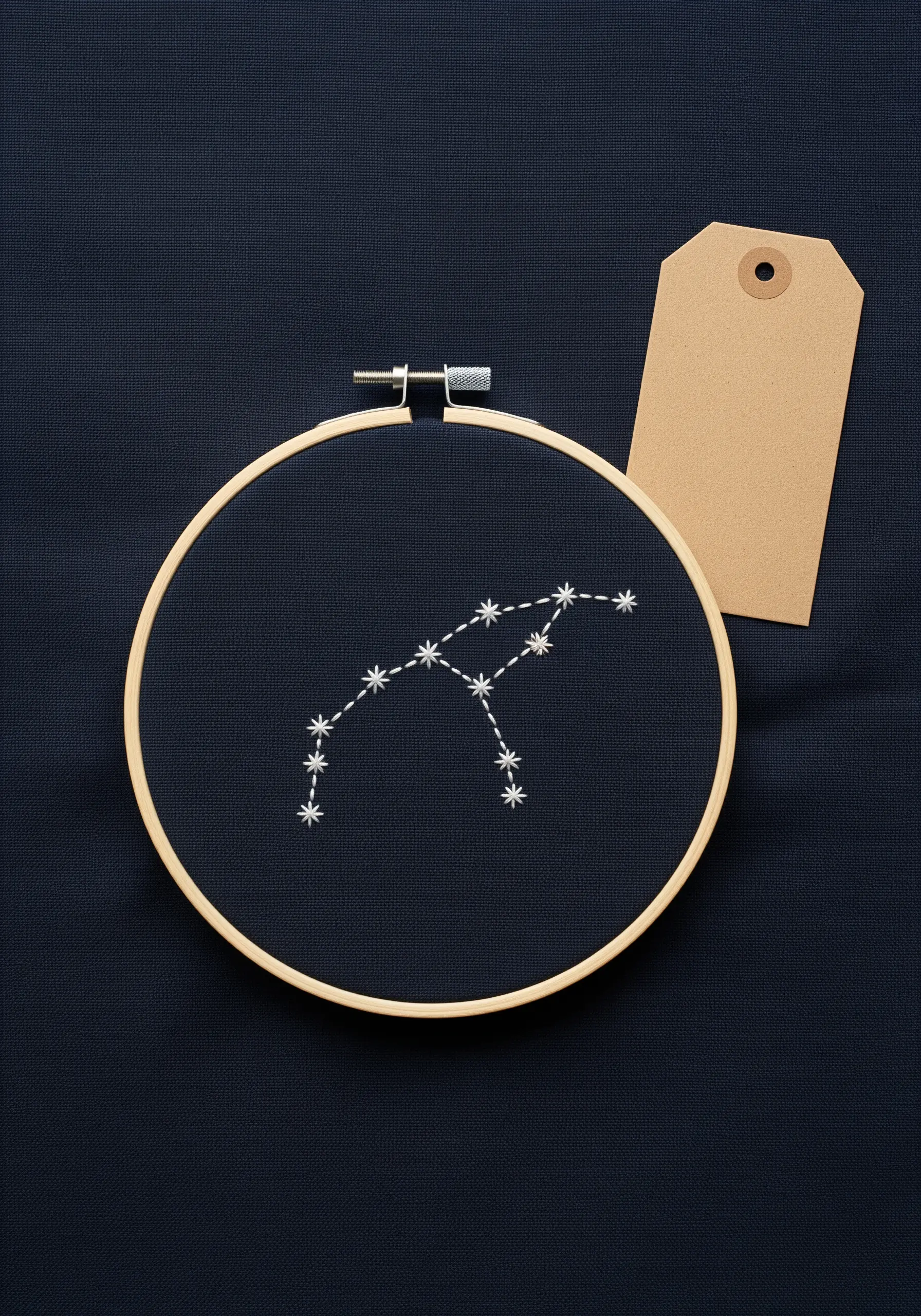 A star constellation stitched in white thread on dark navy fabric in a hoop.