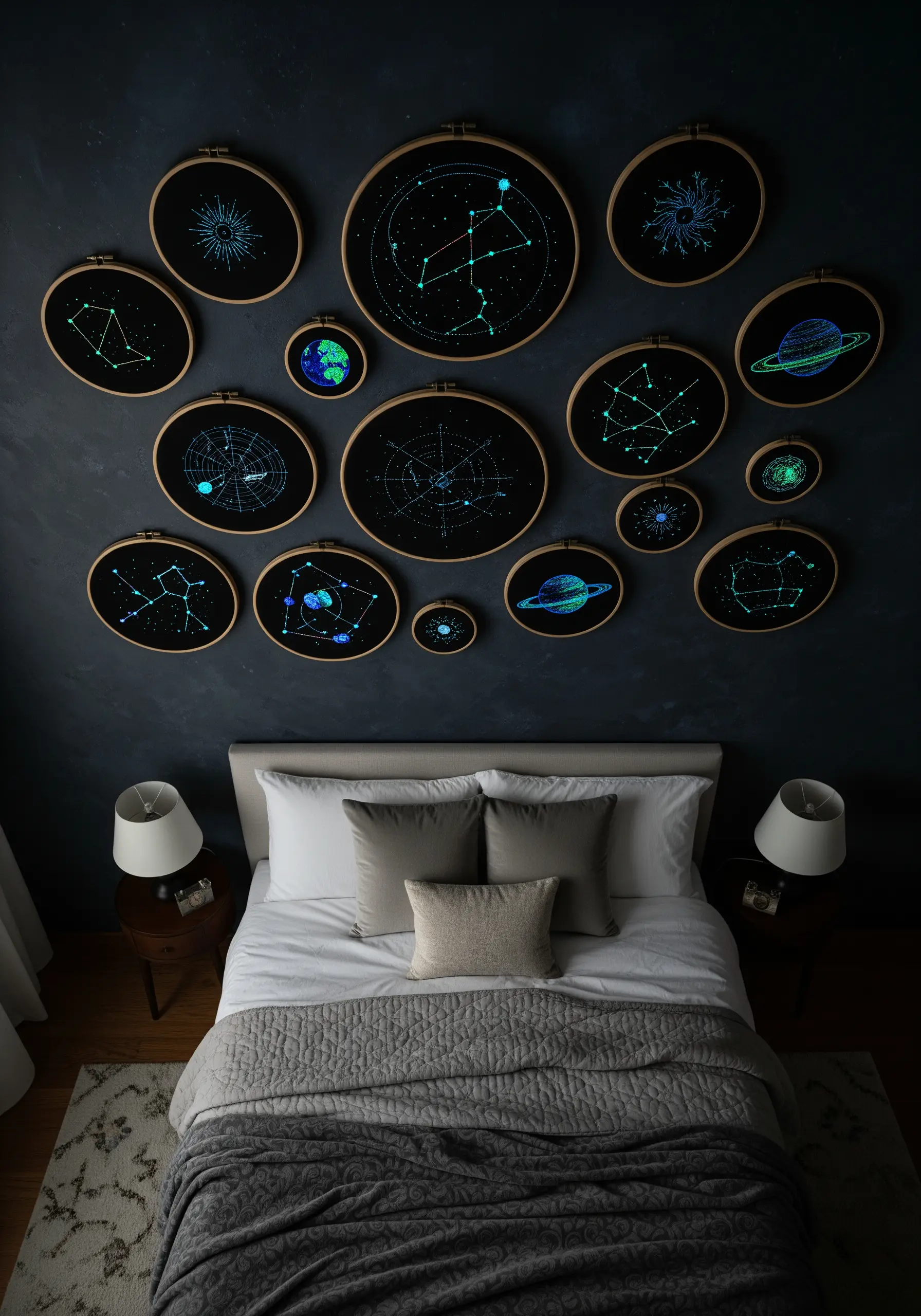 A collection of glow-in-the-dark constellation embroidery hoops above a bed
