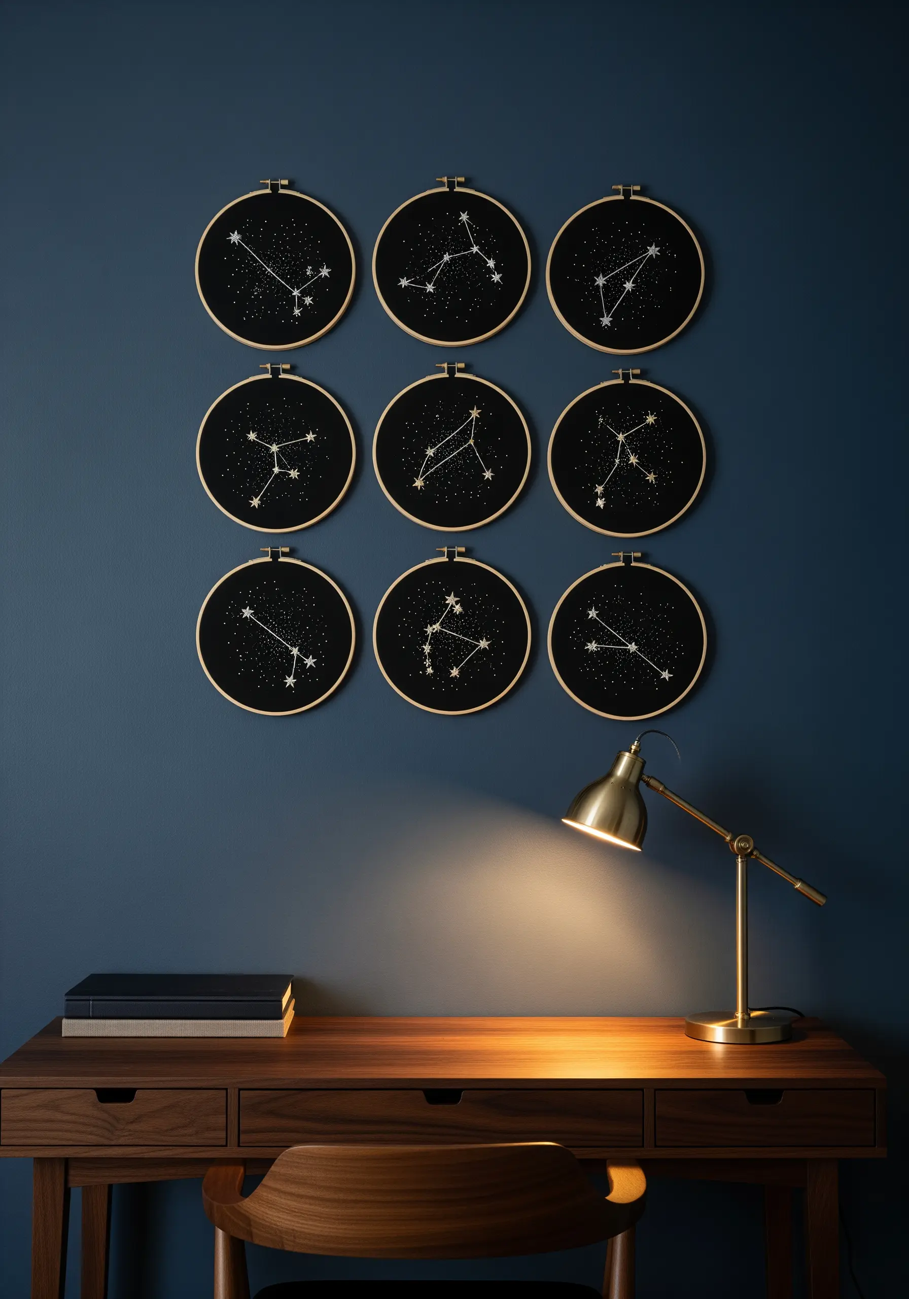 A grid of nine embroidery hoops showing zodiac constellations stitched in white on black fabric.
