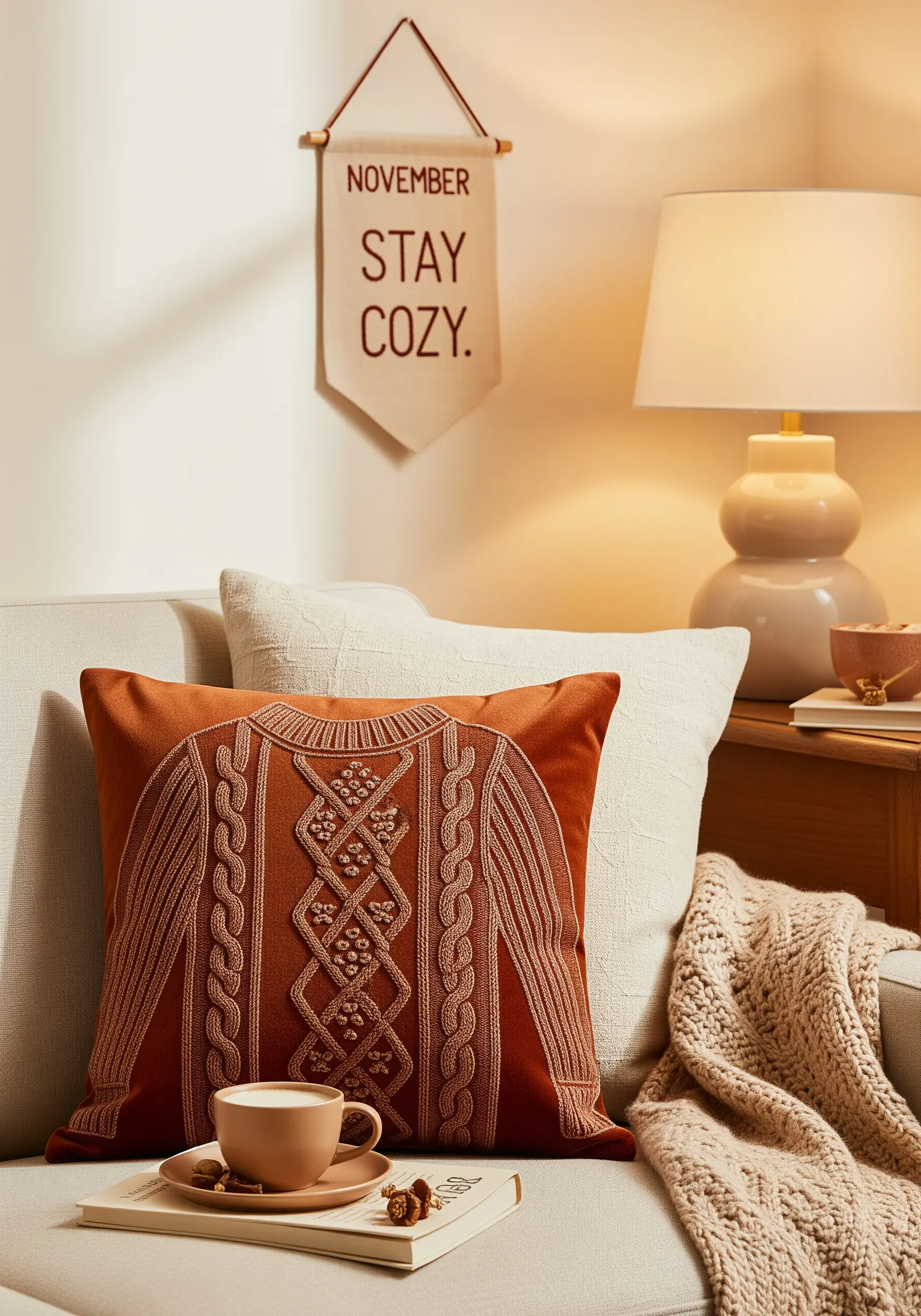 An orange pillow embroidered to look like a detailed, textured cable-knit sweater.