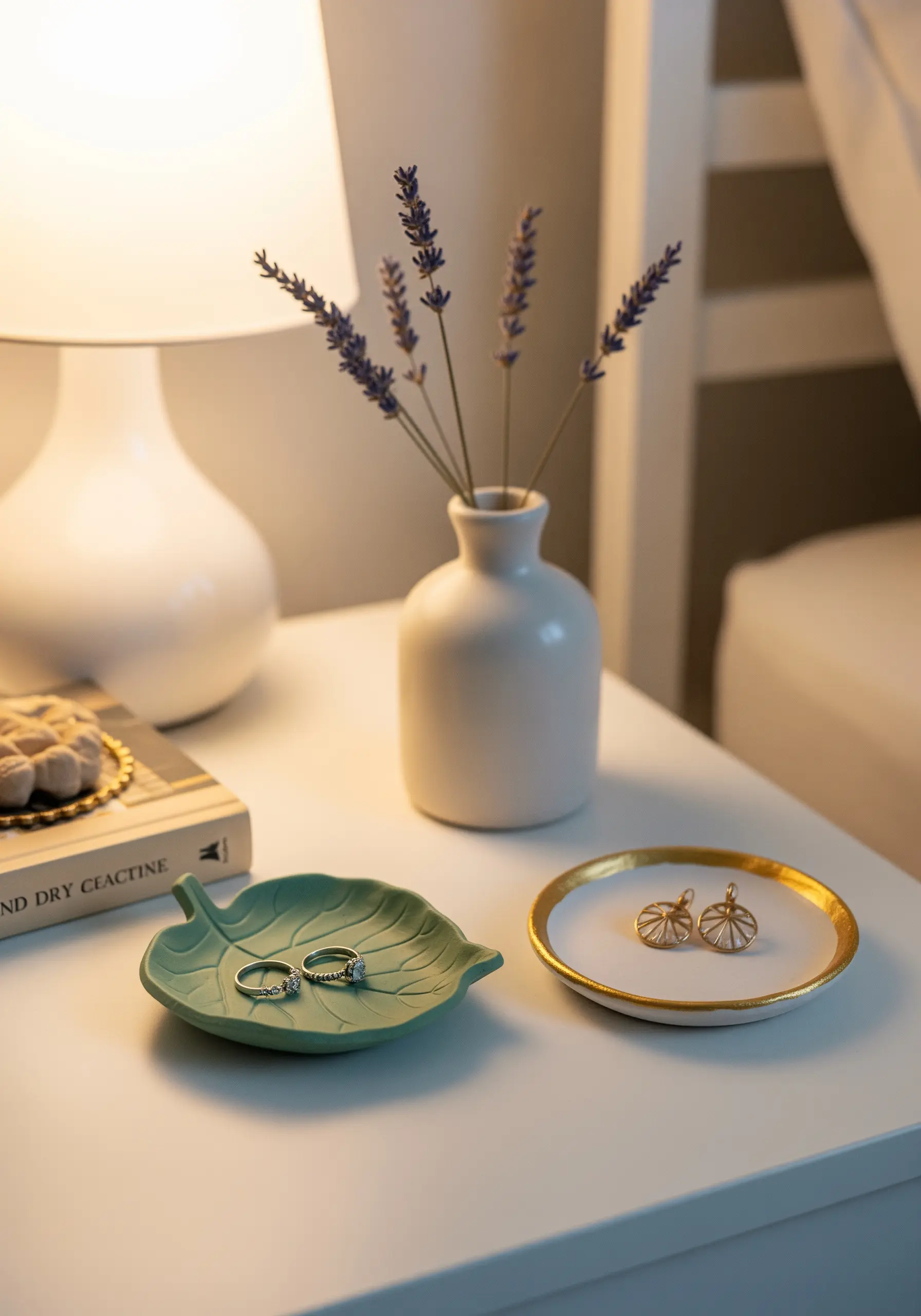 Two small handmade trinket dishes, one leaf-shaped and one with a gold rim, holding rings.