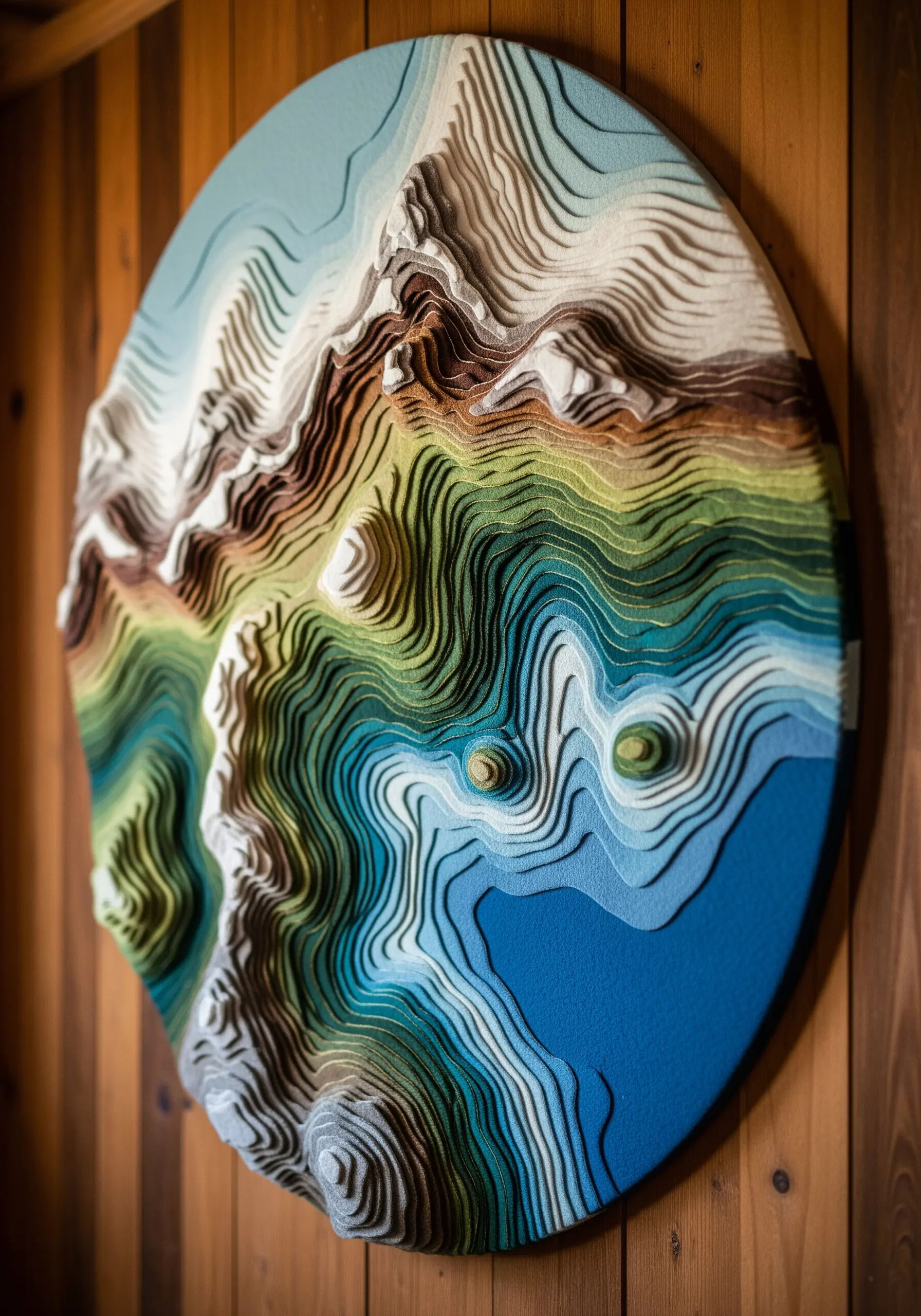 A circular textile art piece showing a topographical map with layered, textured yarn.