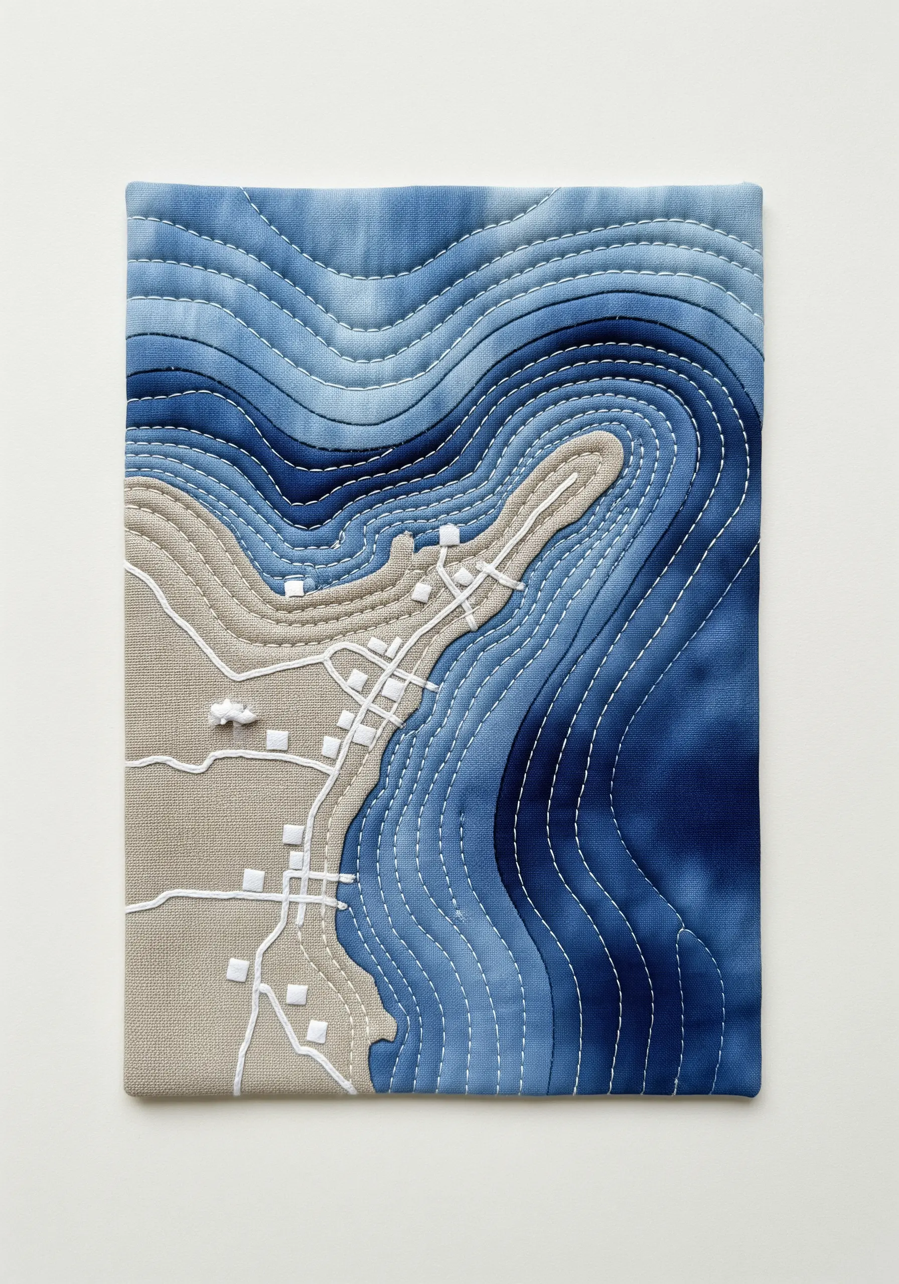 Embroidered and quilted topographical map of a coastline in shades of blue and beige.