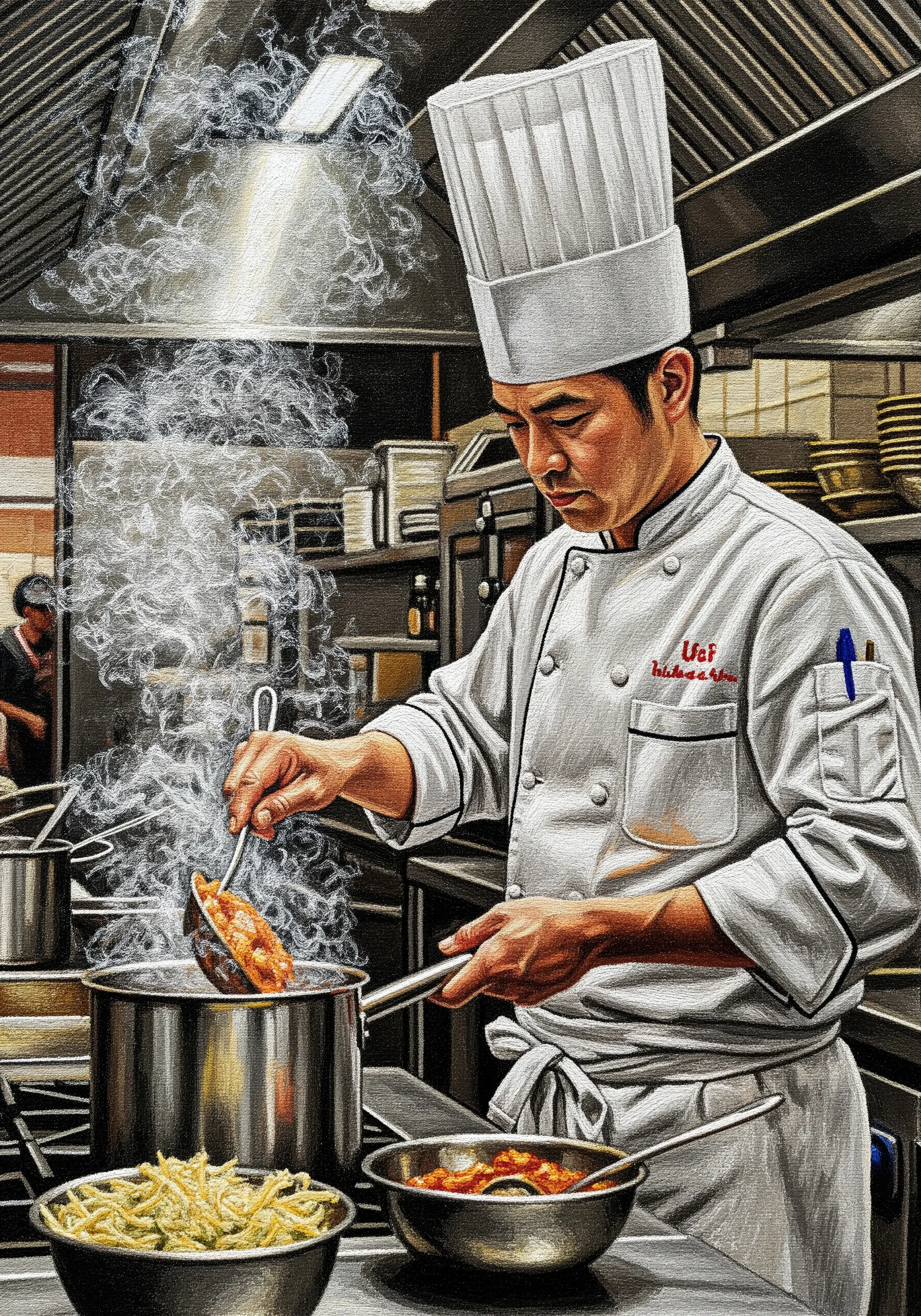 Realistic embroidered scene of a chef cooking, with stitched steam rising from a pot.