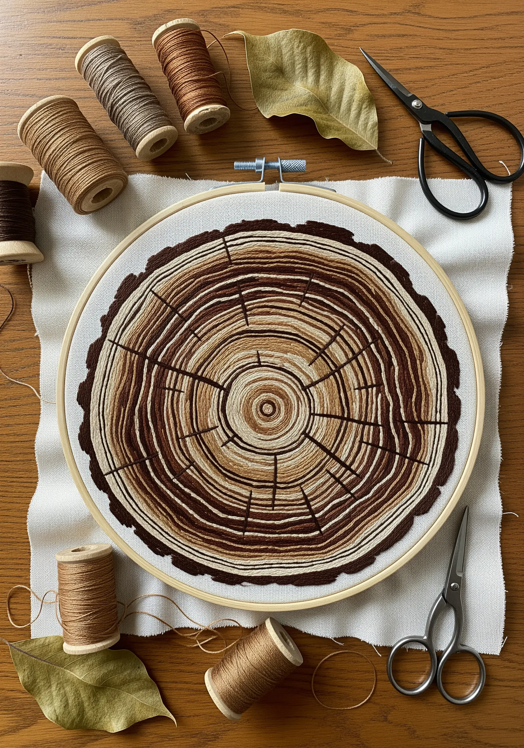 Embroidery hoop showing a cross-section of a tree trunk with detailed growth rings in brown tones.