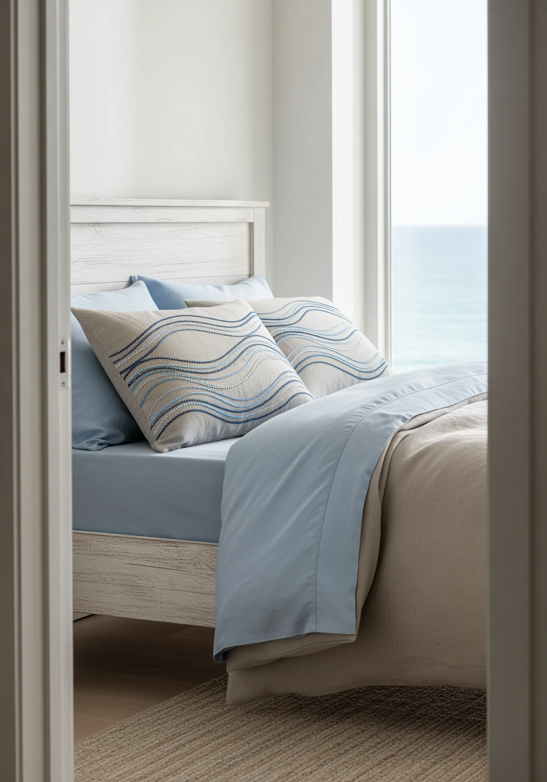 Embroidered wavy lines in shades of blue and white, creating a coastal feel.