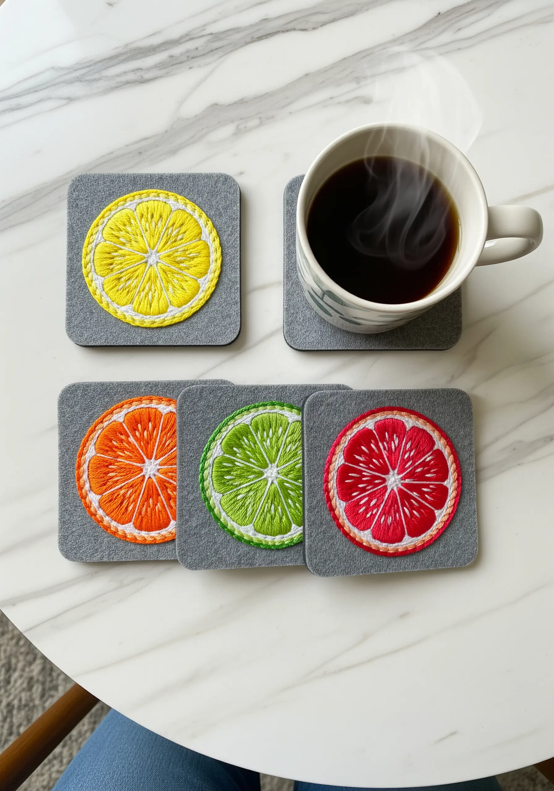 A set of four grey felt coasters, each embroidered with a different colorful citrus slice.