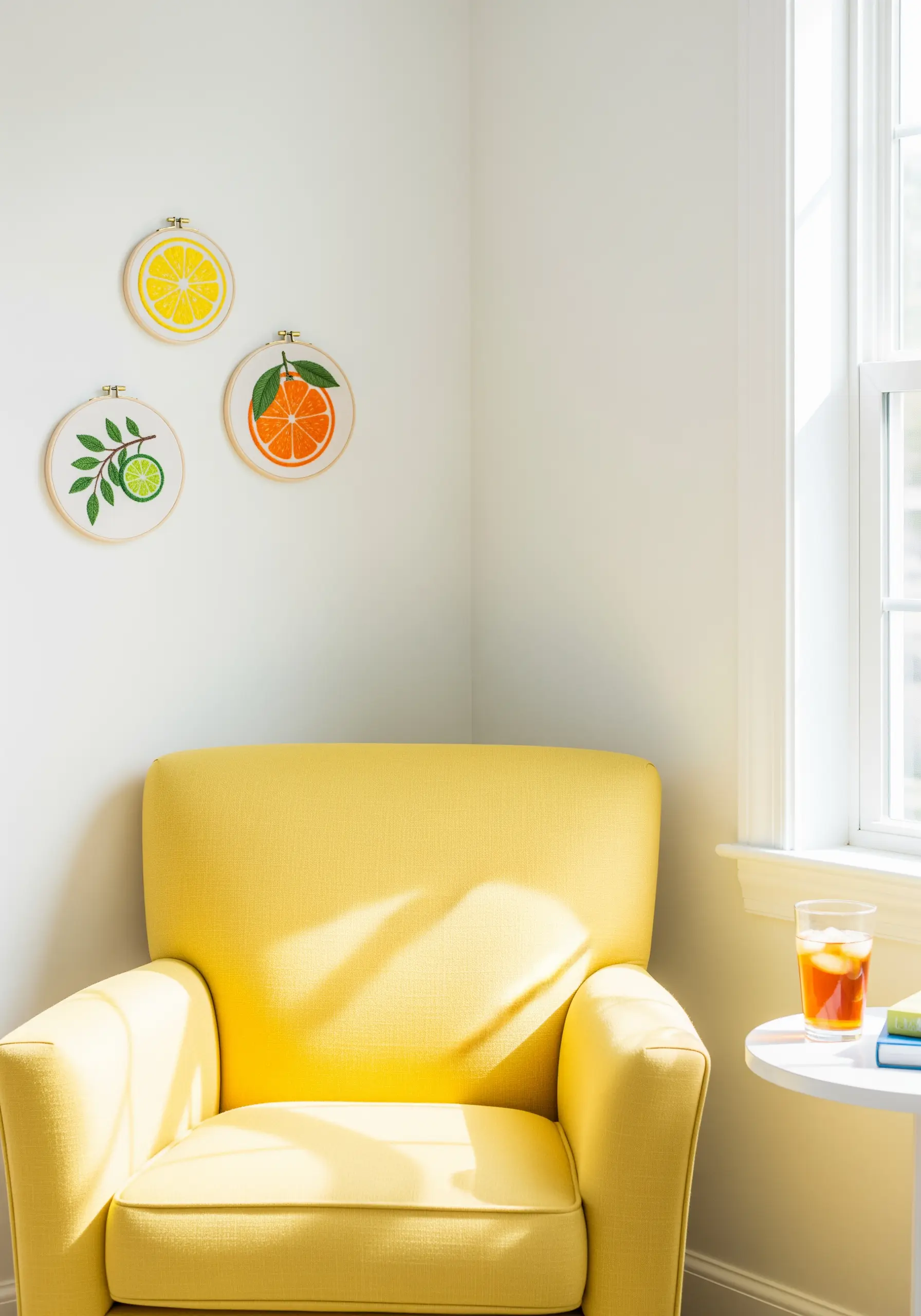 Three embroidery hoops featuring a lemon, a lime branch, and an orange slice.