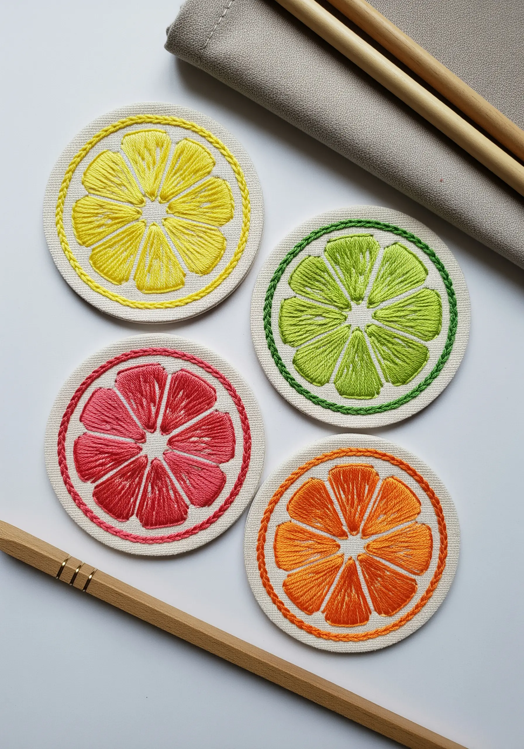 Four round embroidered coasters designed to look like slices of citrus fruits.