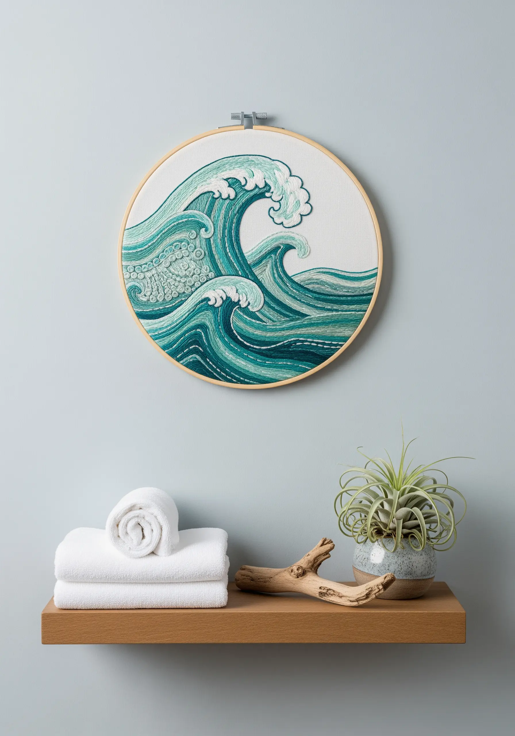 Detailed embroidery of a large, stylized ocean wave in shades of teal and white.