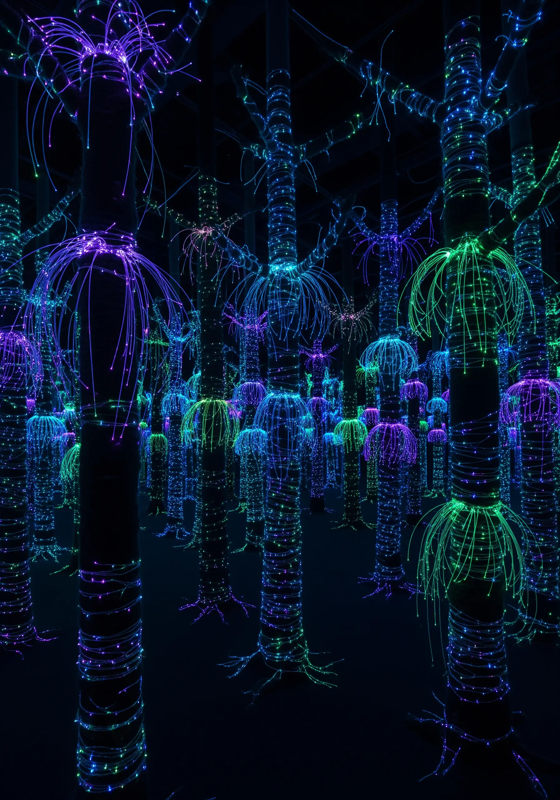 A dark room filled with tree-like structures illuminated by glowing green and purple fiber optics.