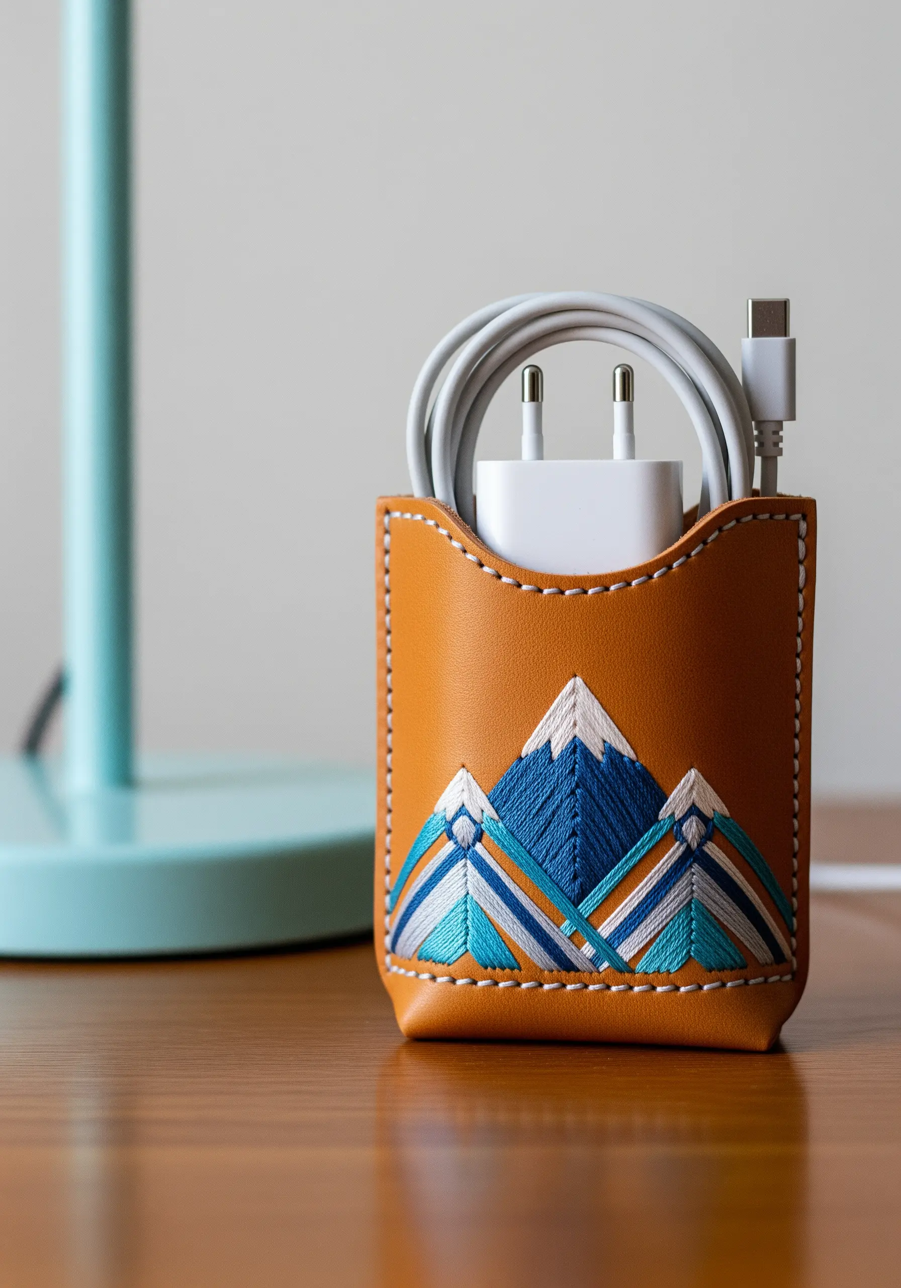 A tan leather pouch holding charging cables, embroidered with a geometric mountain range design.