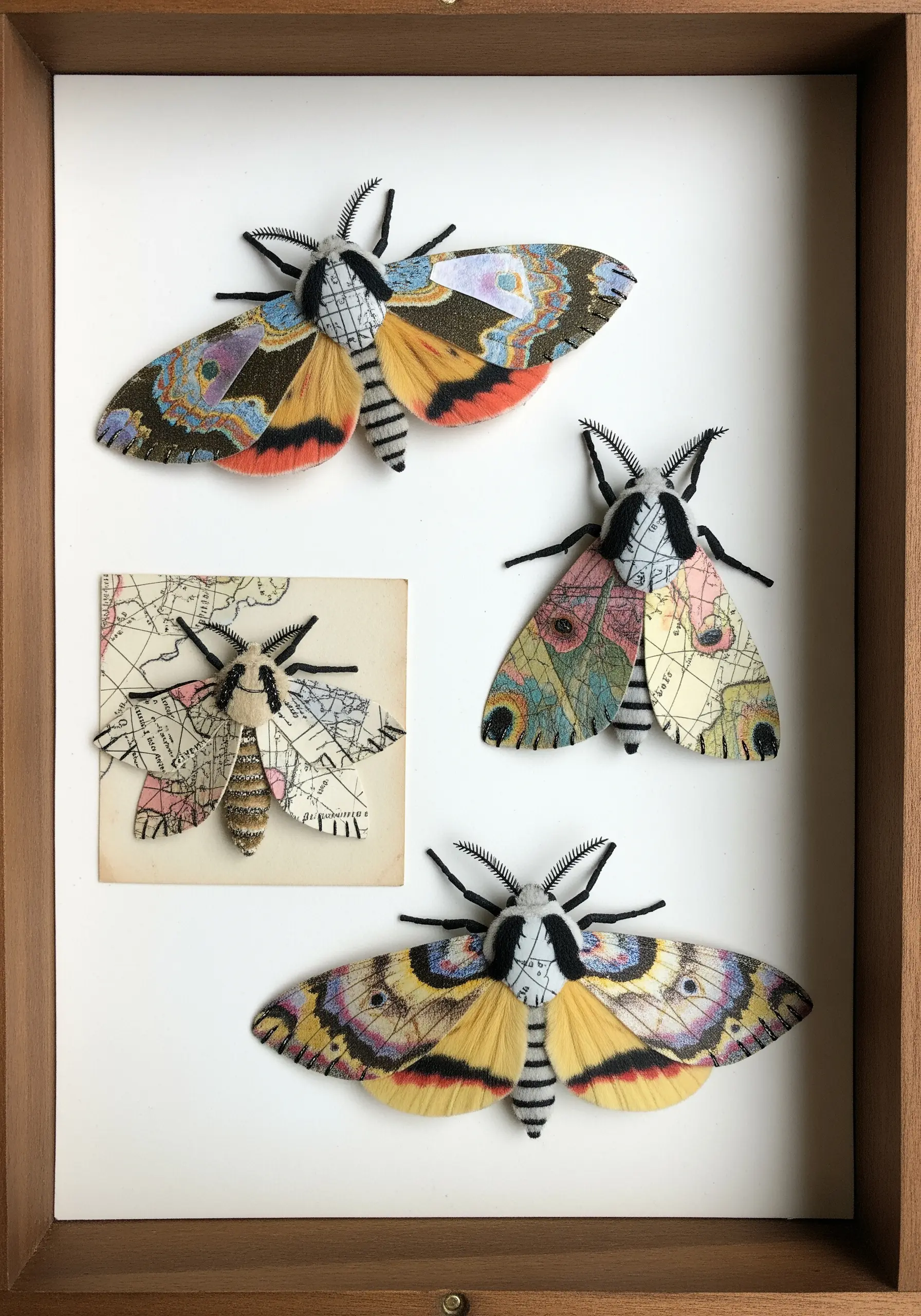 Shadow box with three-dimensional moths made from paper and thread.