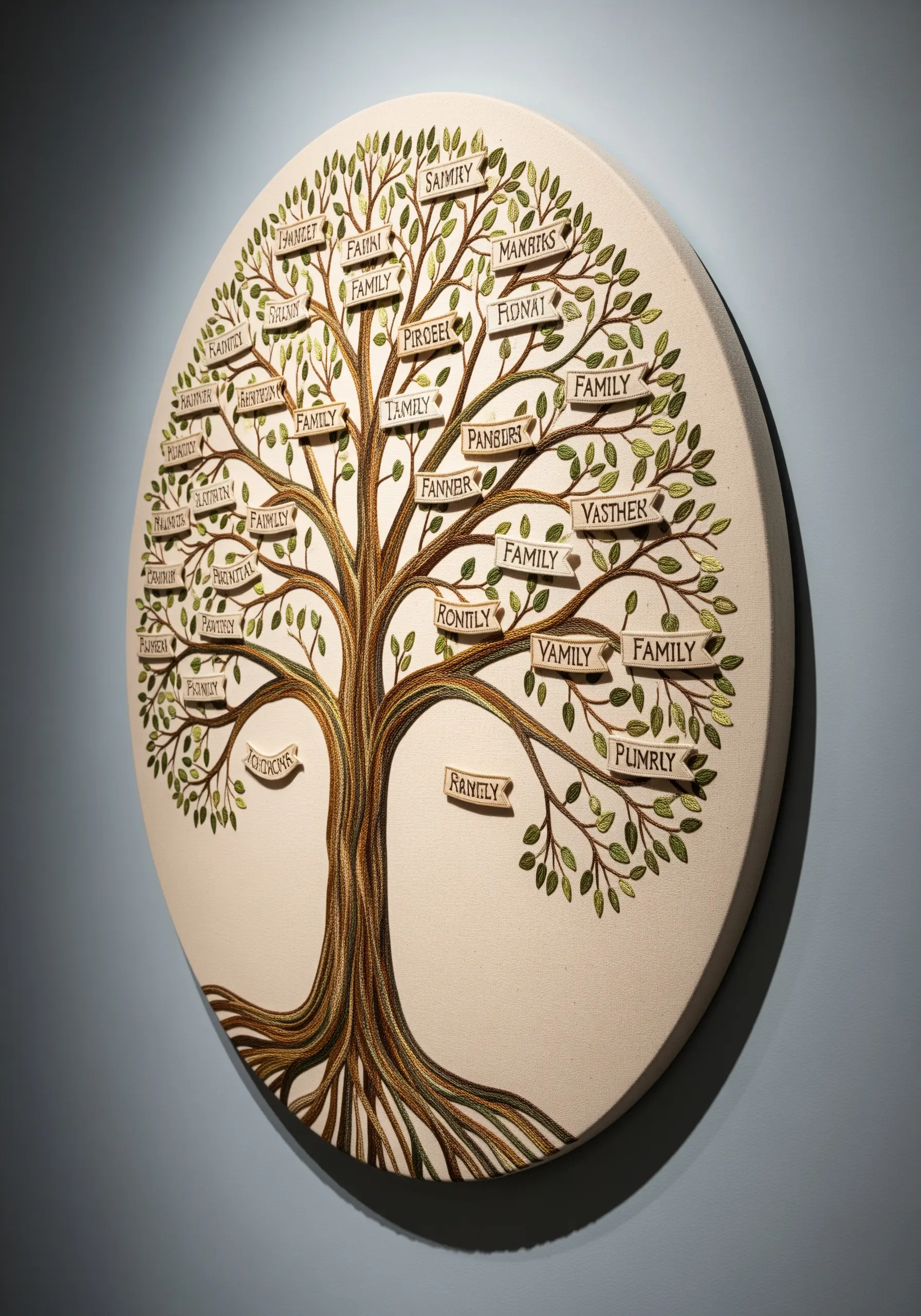A large, round canvas featuring an embroidered family tree with names stitched on small fabric banners.