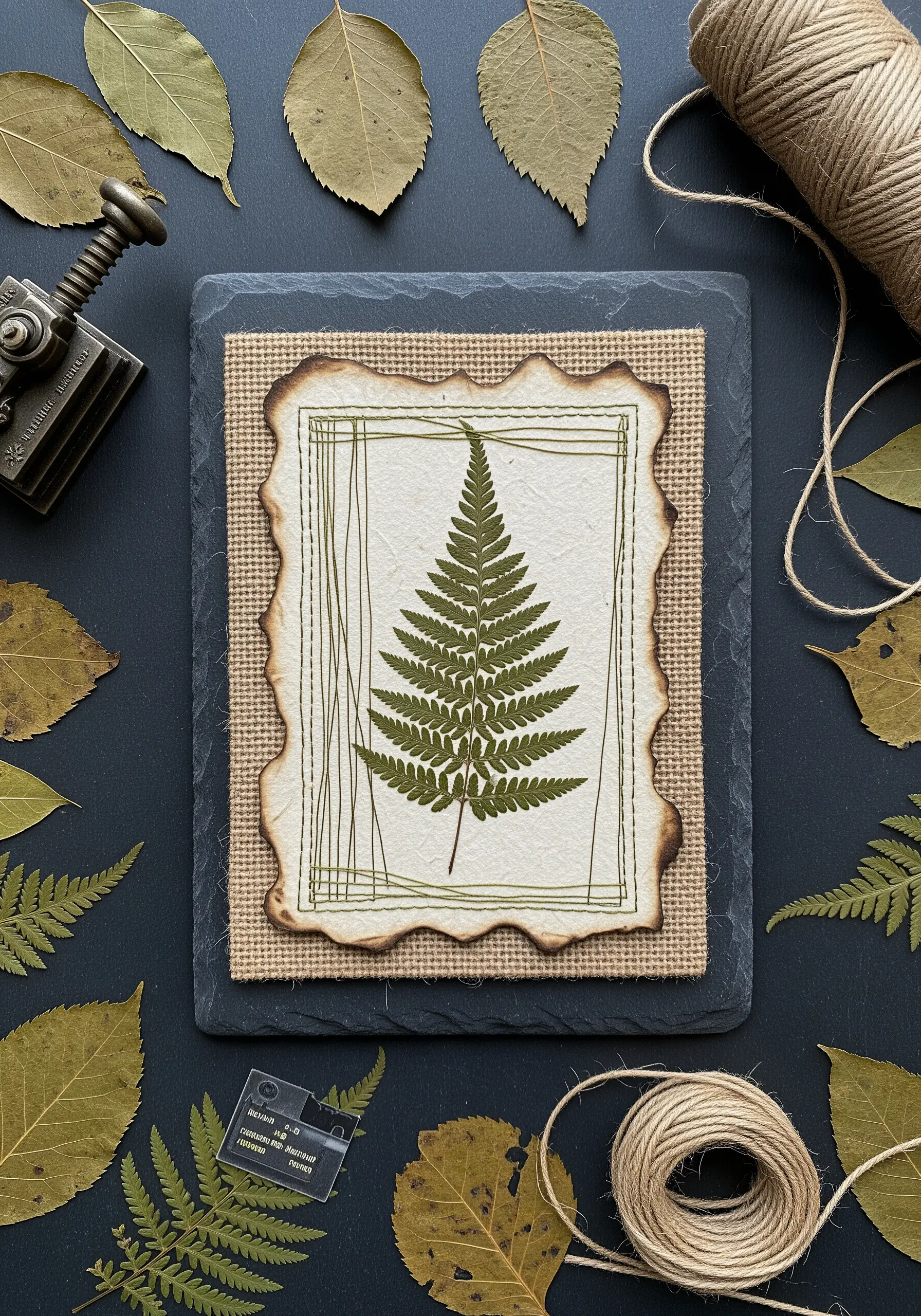 A real pressed fern framed with green thread stitches on burnt-edge paper and burlap.