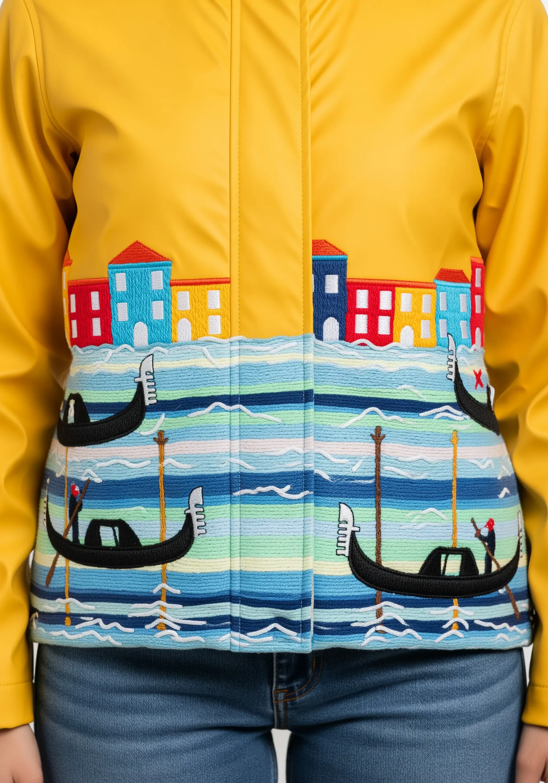 Embroidered scene of Venetian canals with gondolas and colorful houses on a jacket.