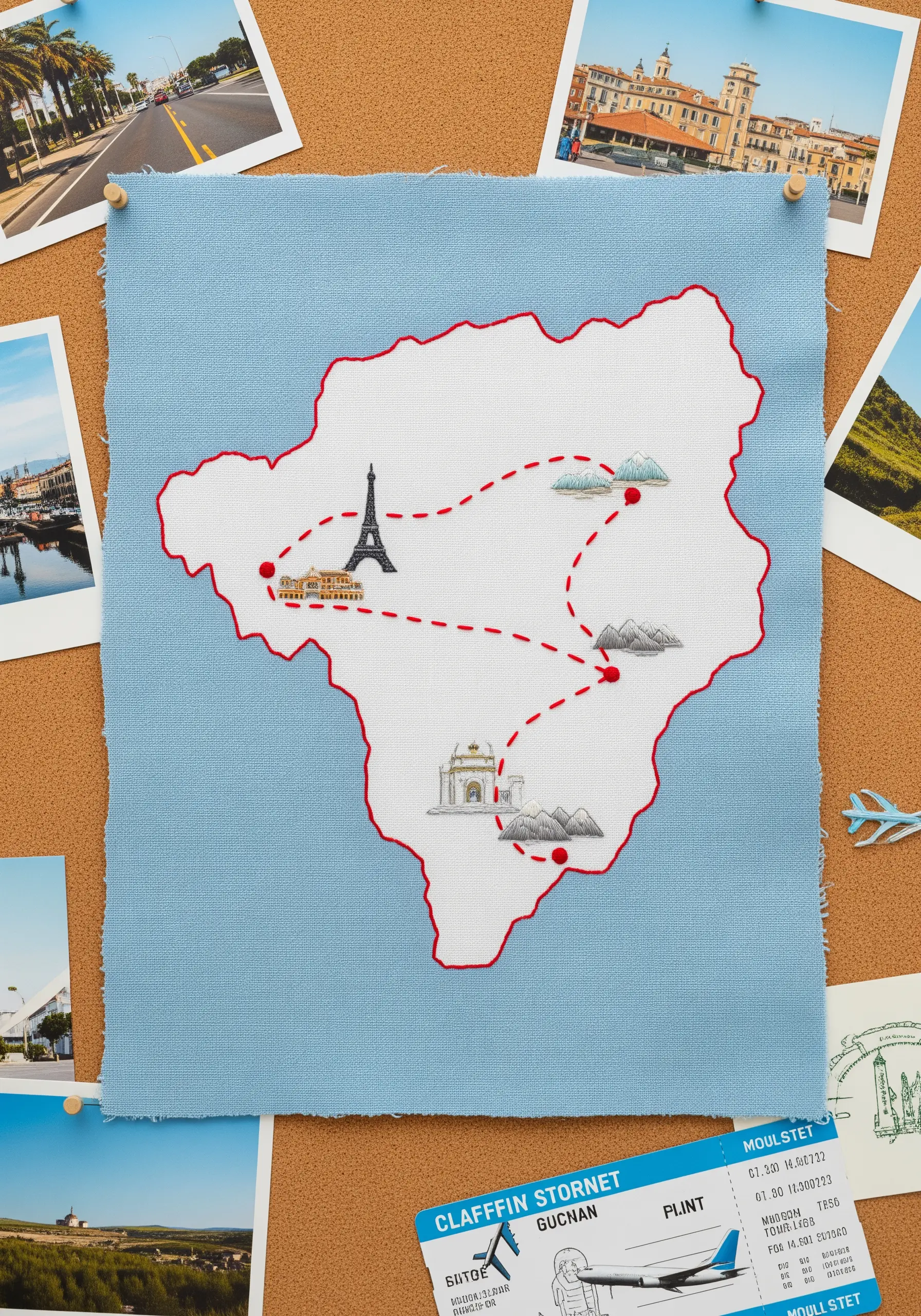 An embroidered map with landmarks and a dashed red line tracing a travel route.