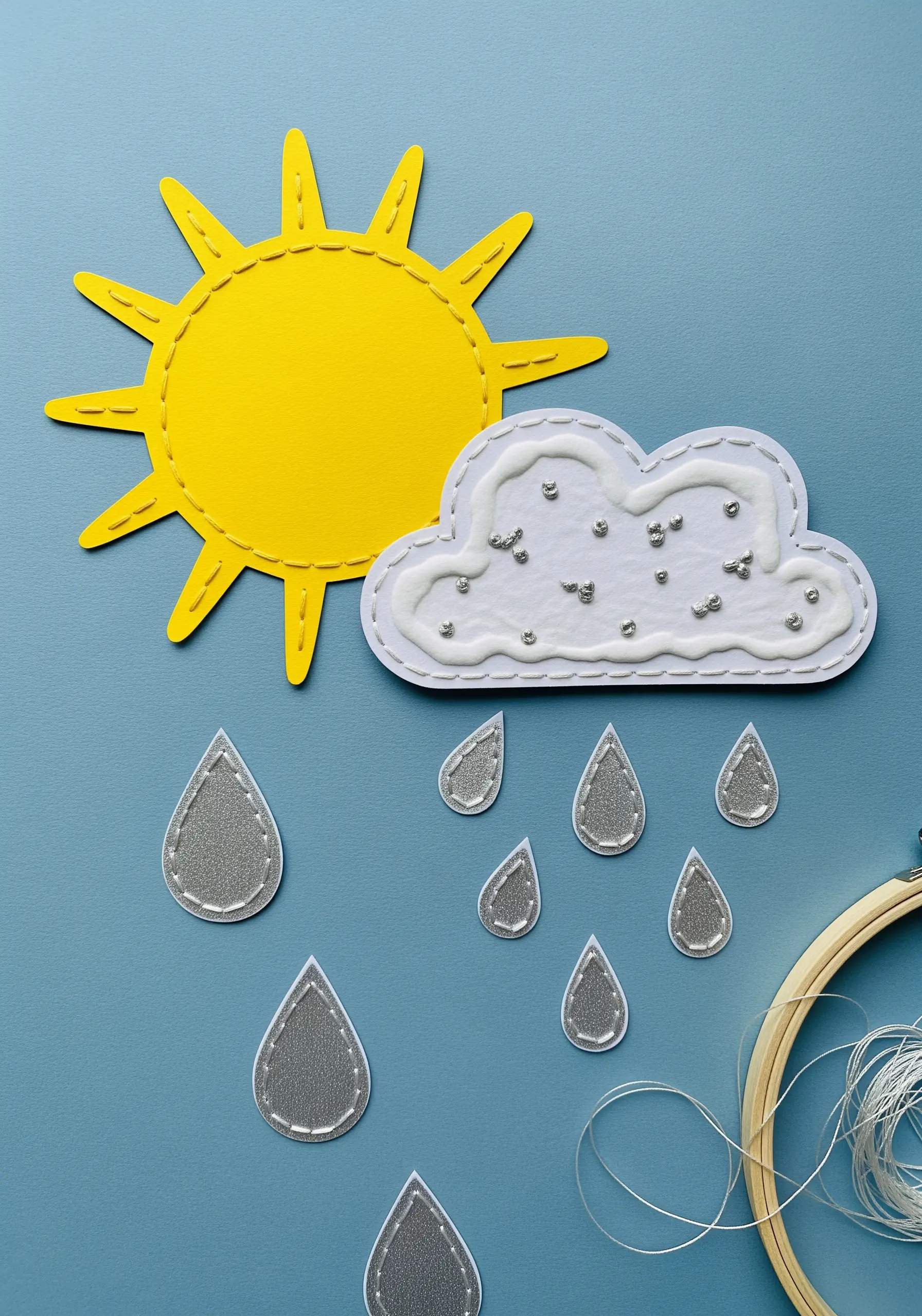 Paper cutouts of a sun and cloud decorated with simple stitches and beads.