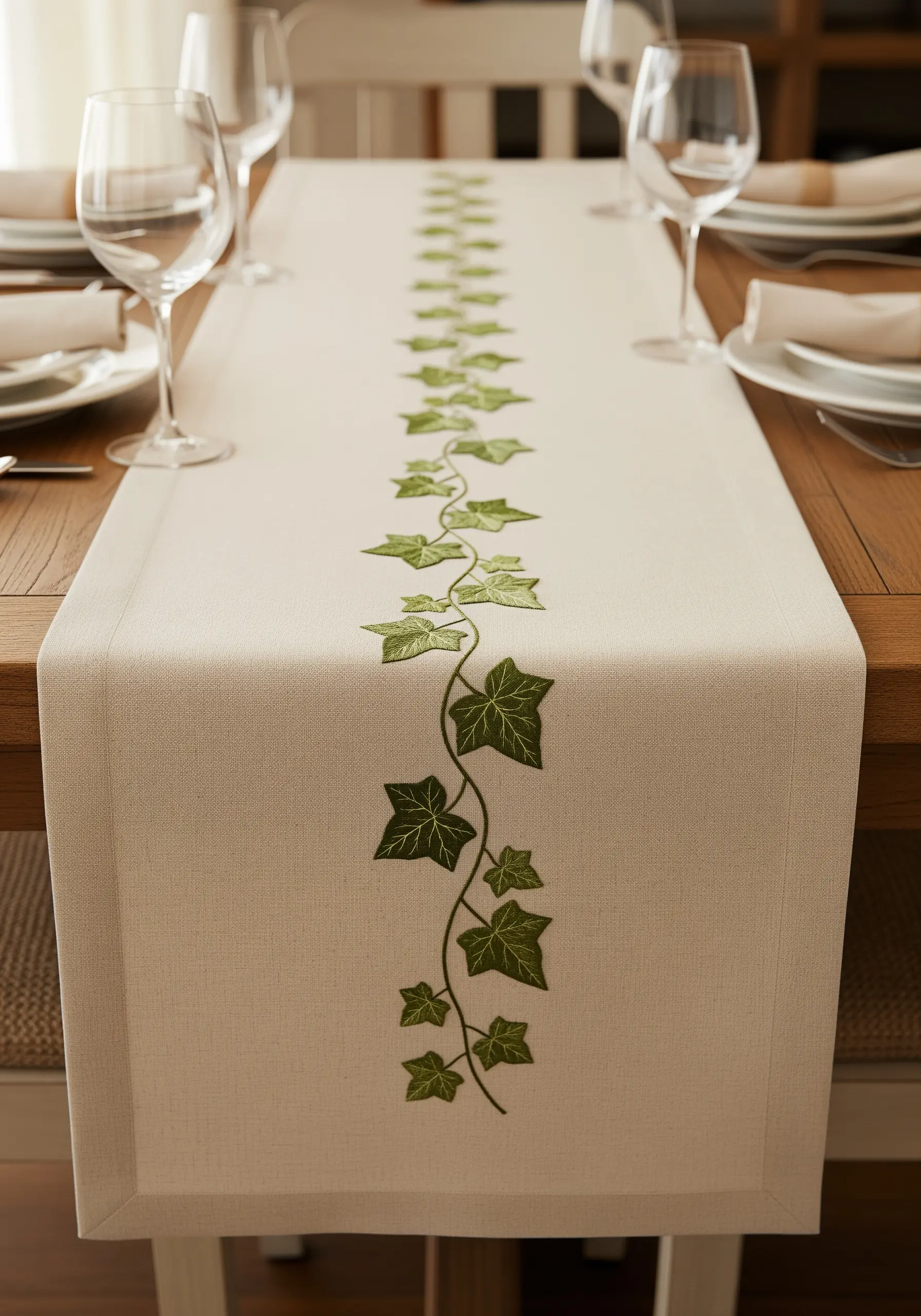 A long table runner embroidered with a central, winding vine of ivy leaves.