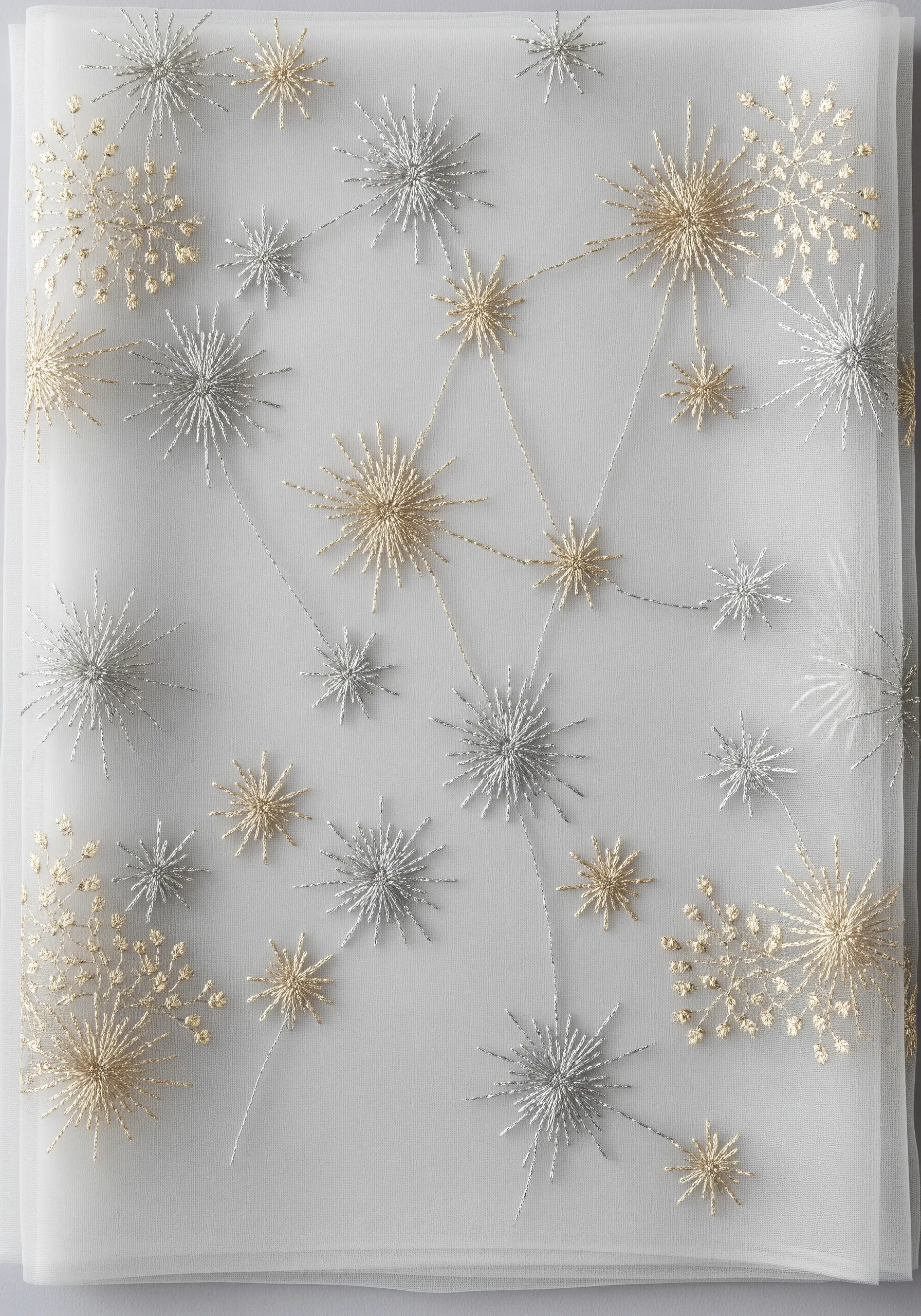 Gold and silver metallic thread stitched into starburst patterns on a sheer white fabric.