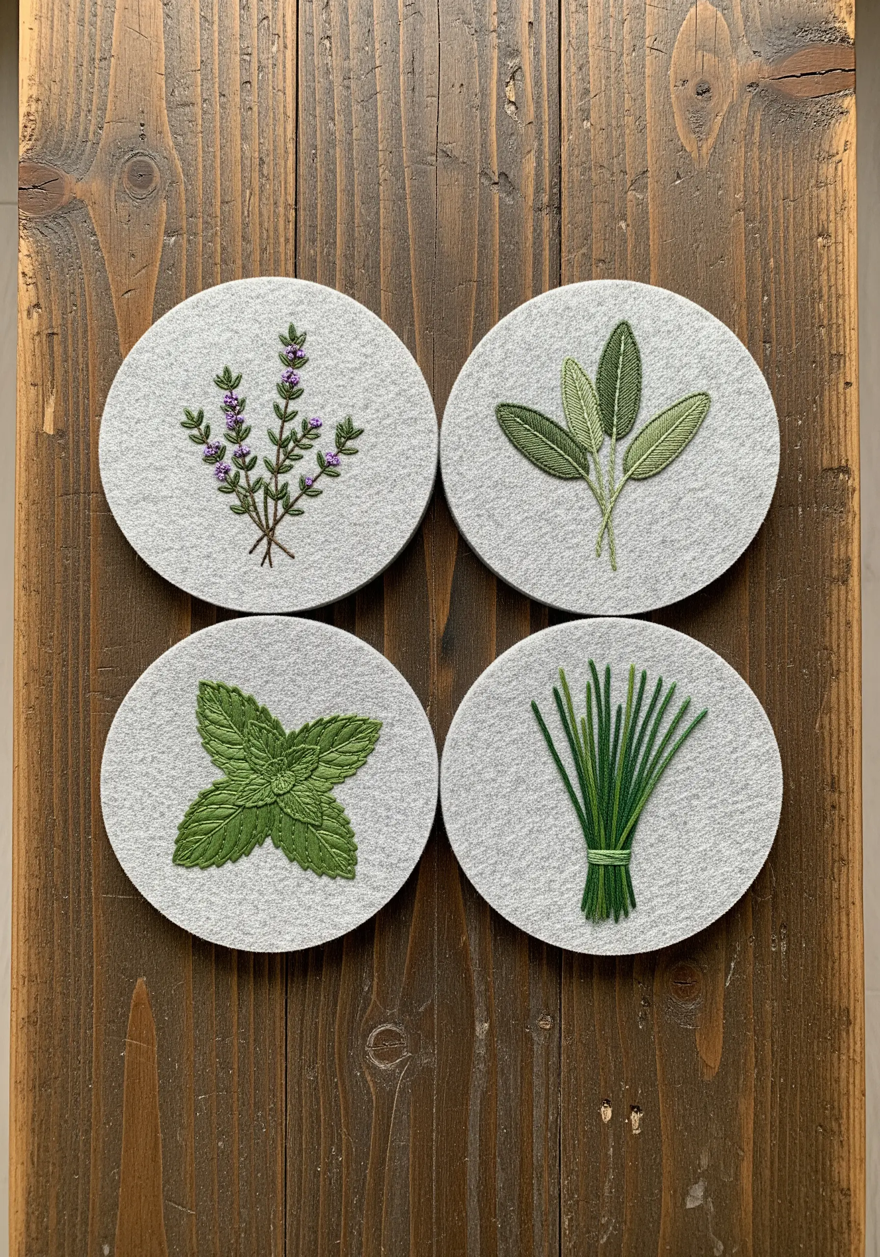 A set of four embroidered coasters with thyme, sage, mint, and chives.