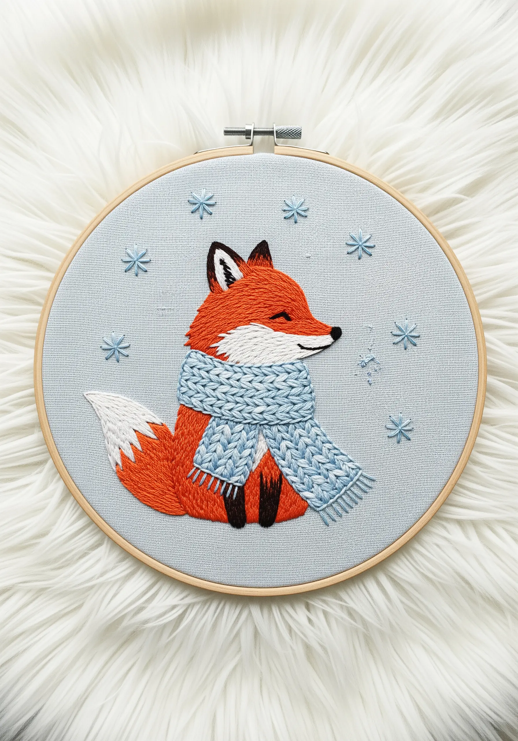 Embroidered fox wearing a woven stitch scarf that mimics a knit texture.