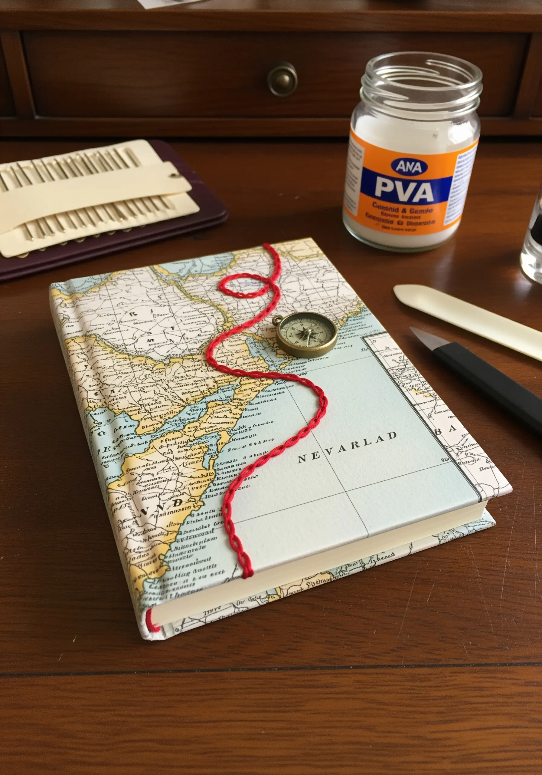 A journal covered with a vintage map and embellished with a wavy line of red thread.