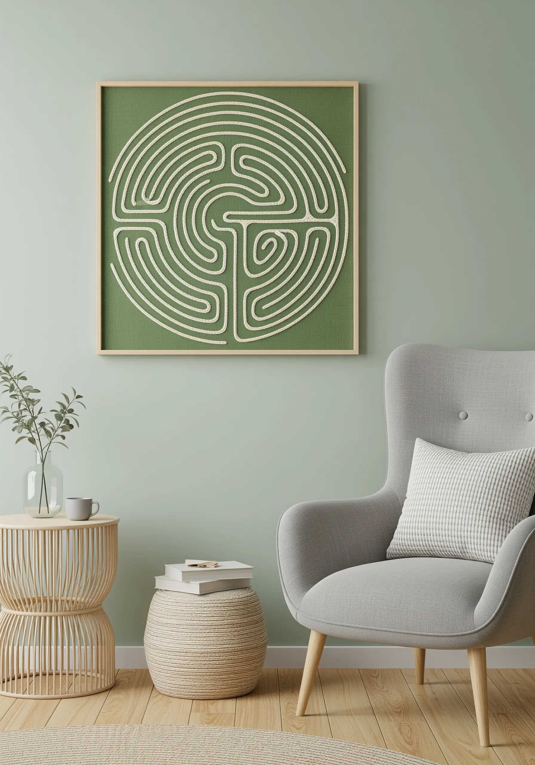 A framed labyrinth design created with a single, couched cream thread on green fabric.