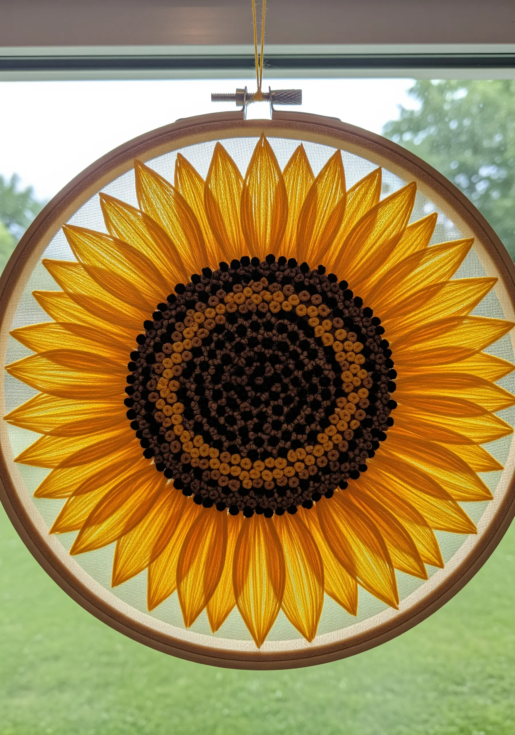 A large, detailed sunflower embroidered on sheer fabric to act as a suncatcher.