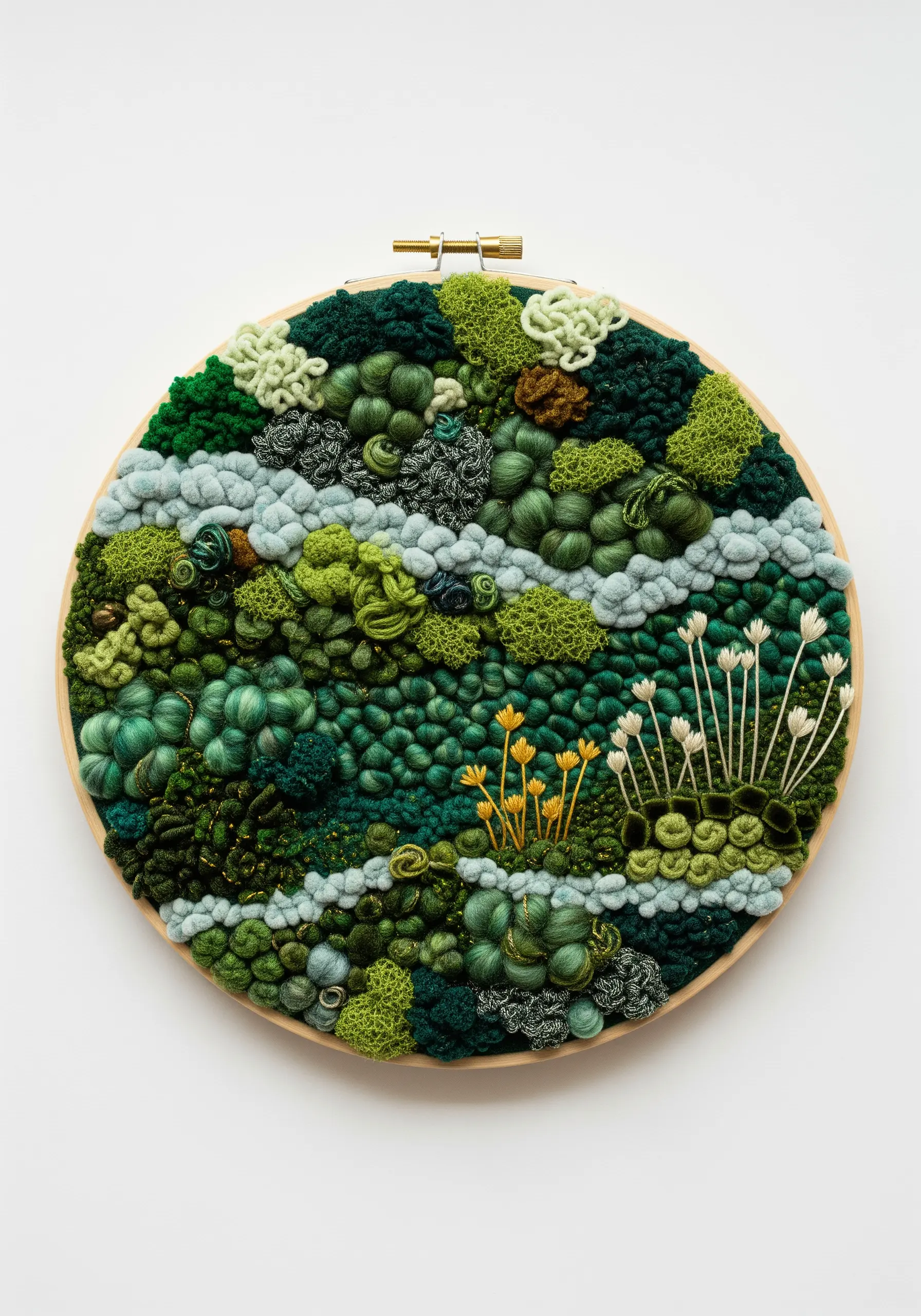 A round embroidery hoop filled with highly textured green stitches and knots resembling moss.