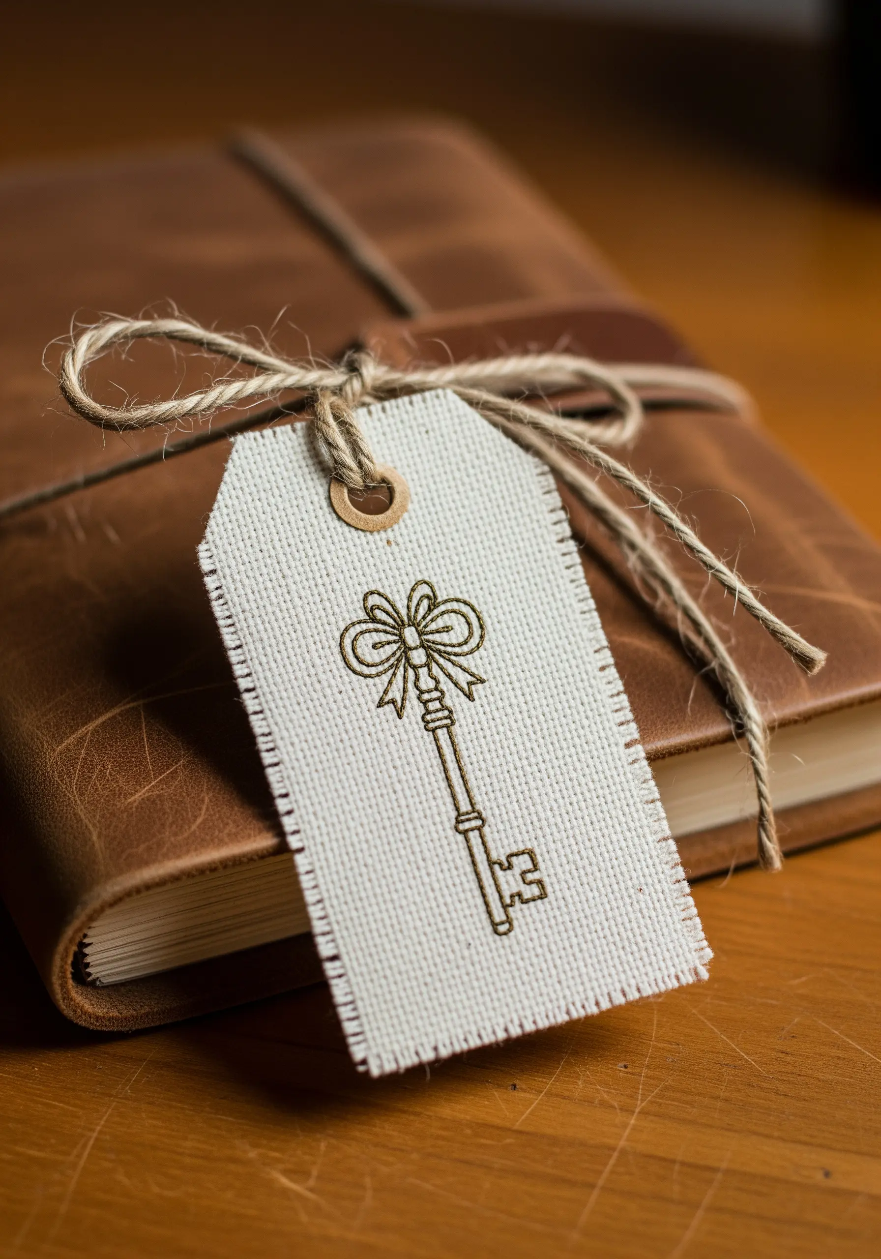An embroidered vintage key on a canvas gift tag tied to a leather journal.