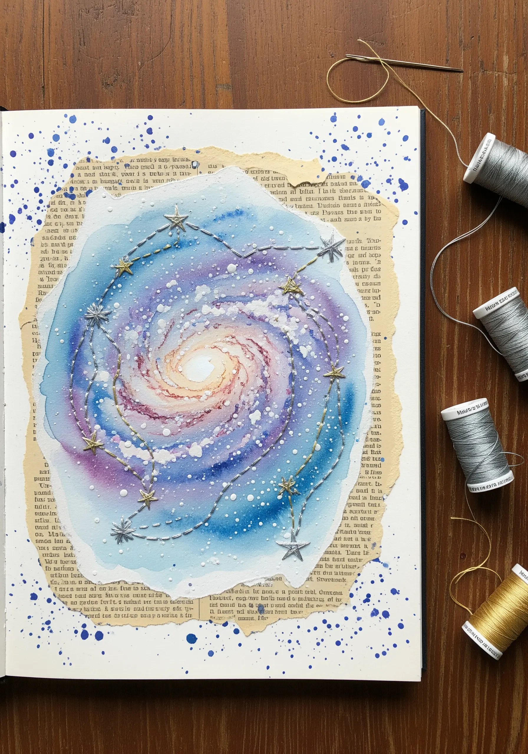 Embroidered constellations with metallic thread over a watercolor galaxy on paper.