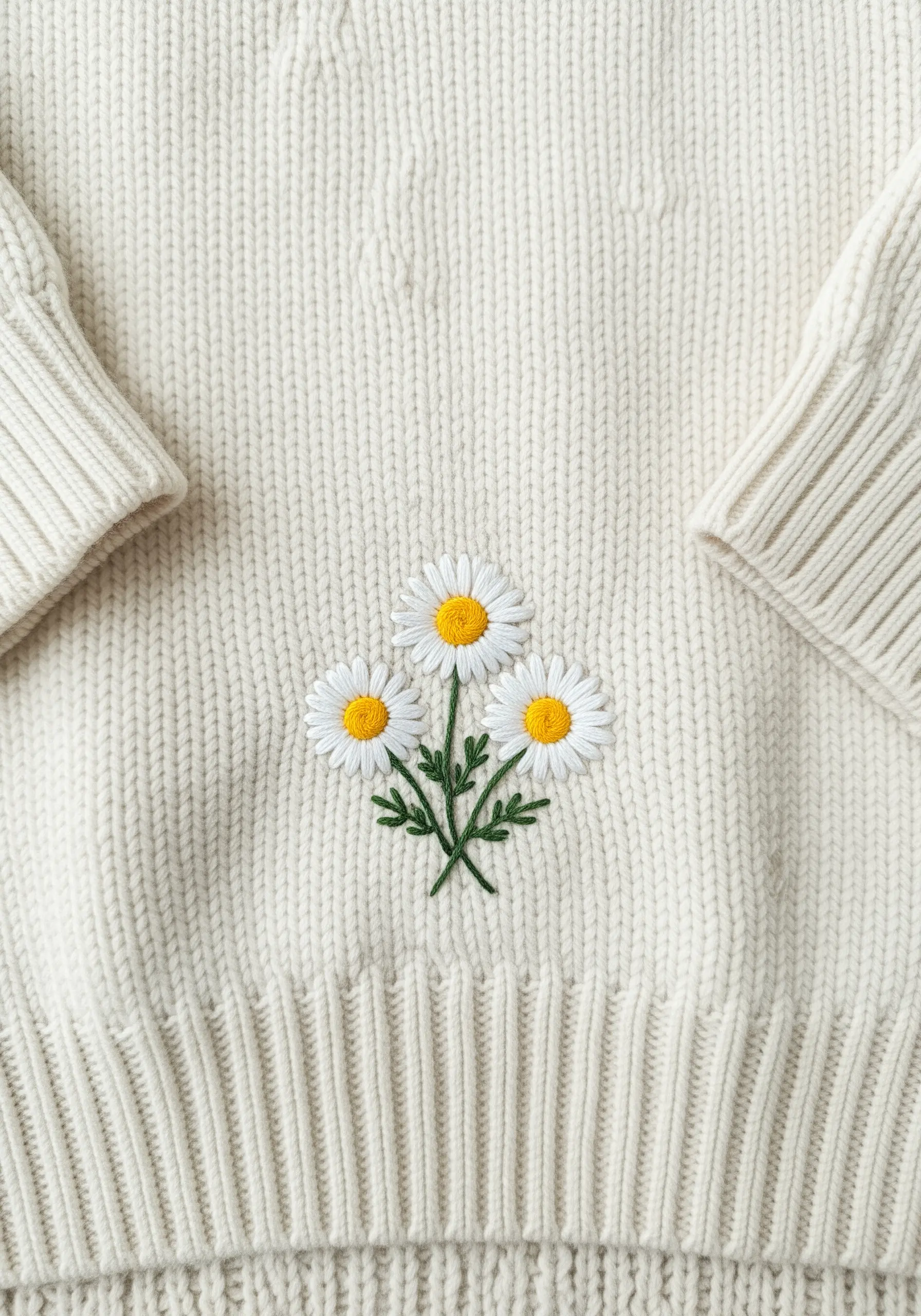 A trio of embroidered daisies with yellow centers on a chunky cream knit sweater.