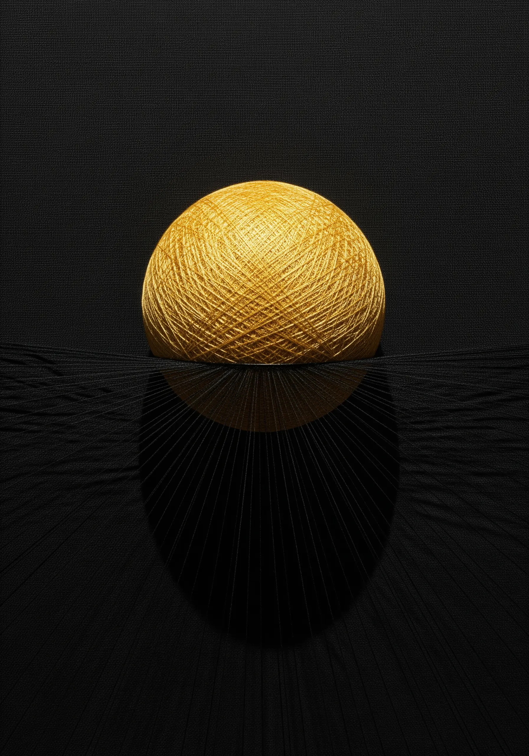 A golden sphere of thread casting a shadow made of black threads on a black surface.