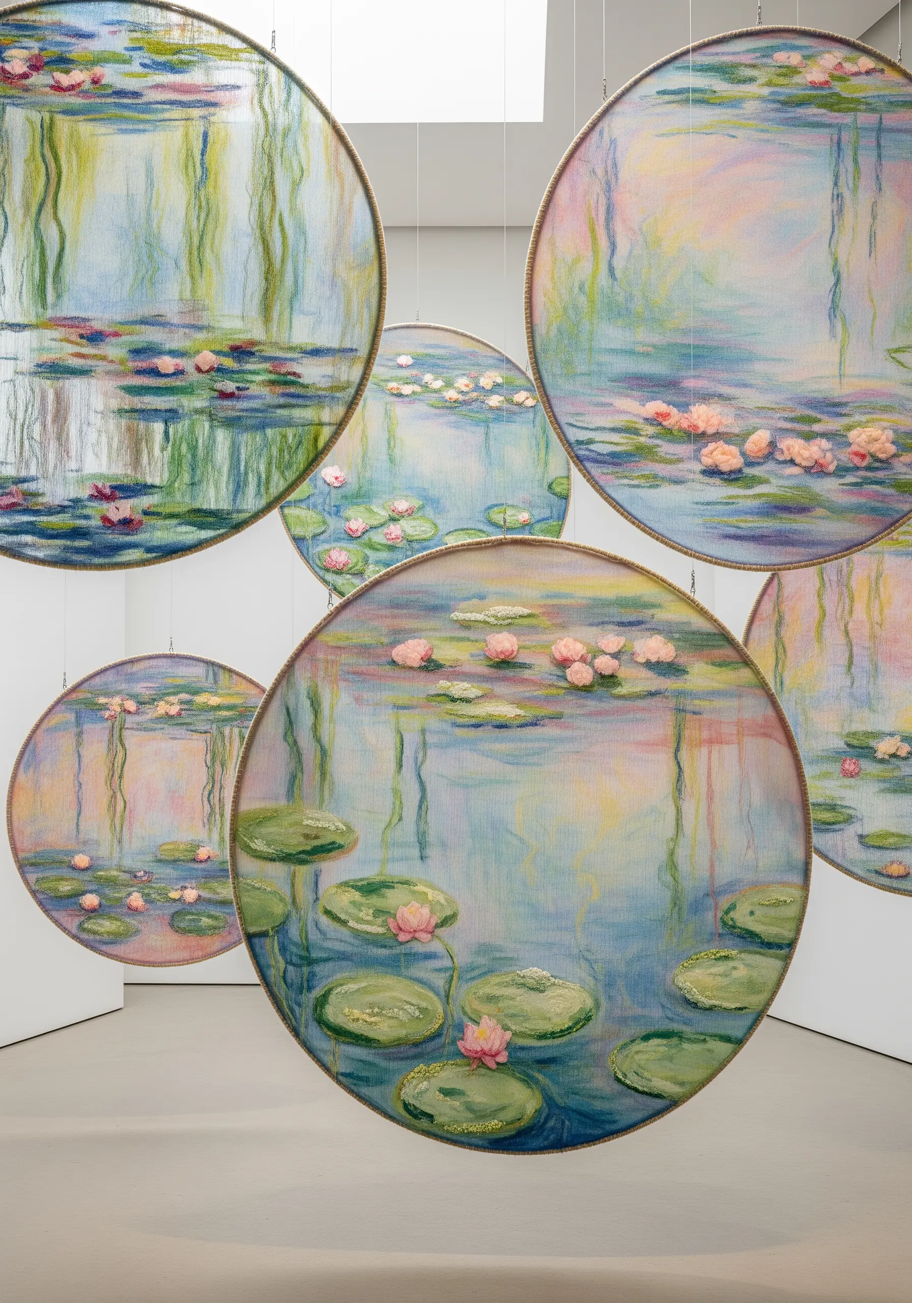 Circular fiber art installations of Monet's Water Lilies, showing a soft, blended stitch effect.