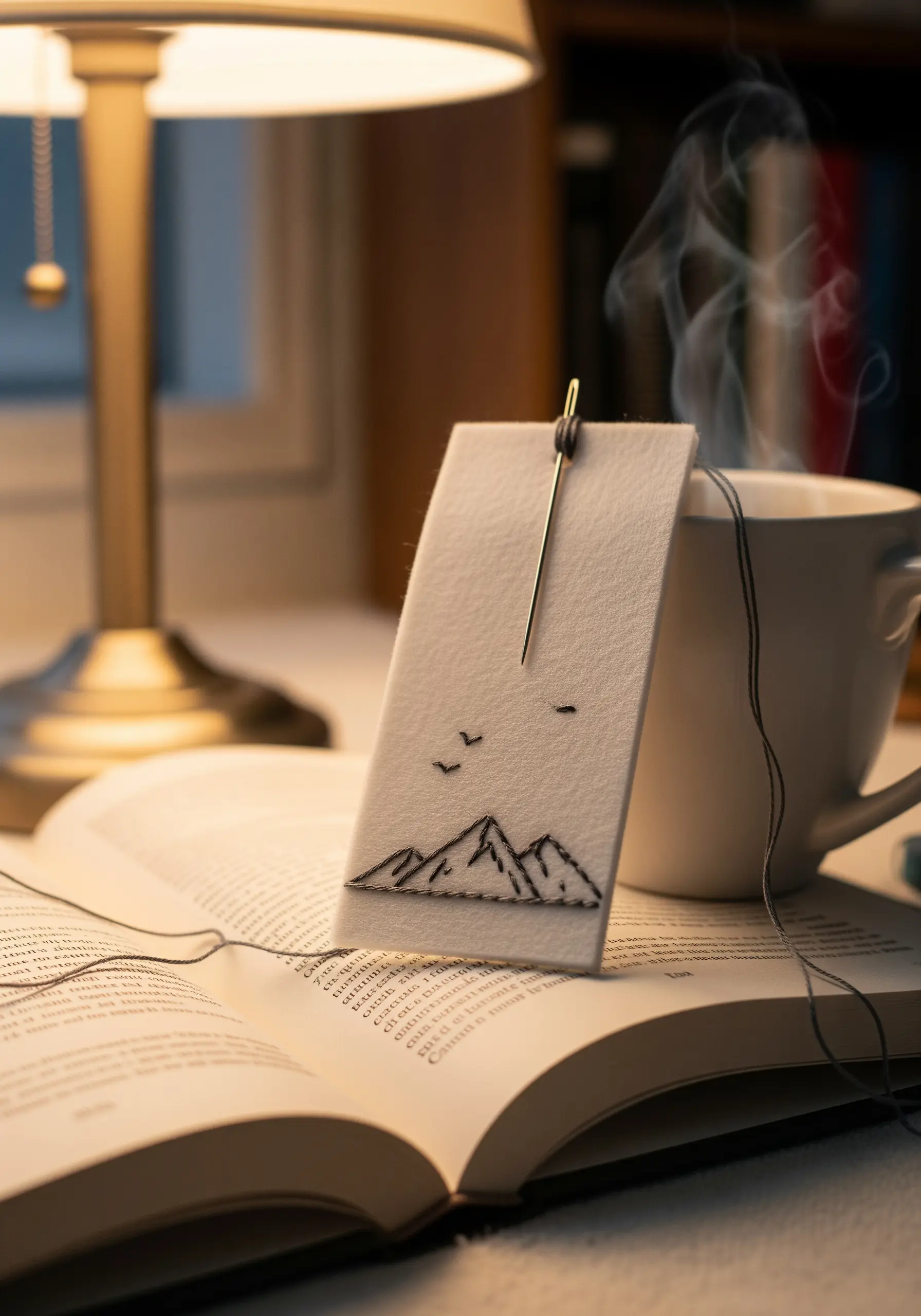 A minimalist mountain range embroidered in black thread on a white felt bookmark.