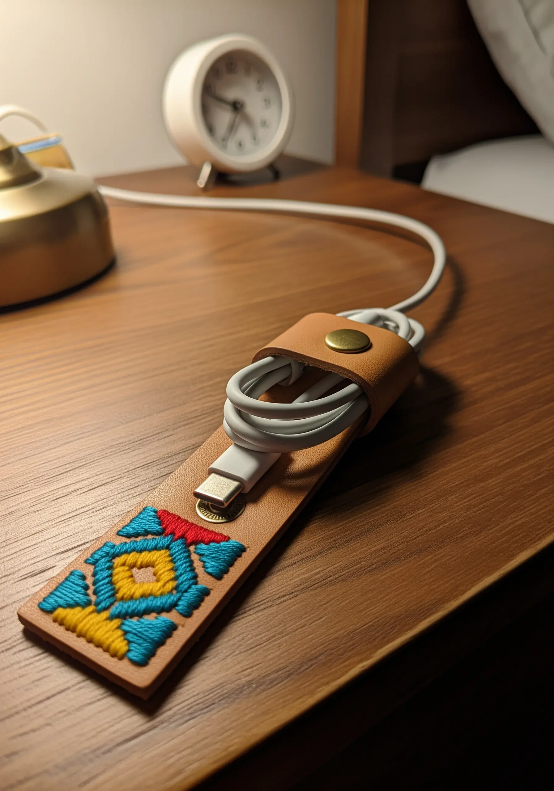 A tan leather cord keeper with a colorful geometric pattern embroidered in the center.
