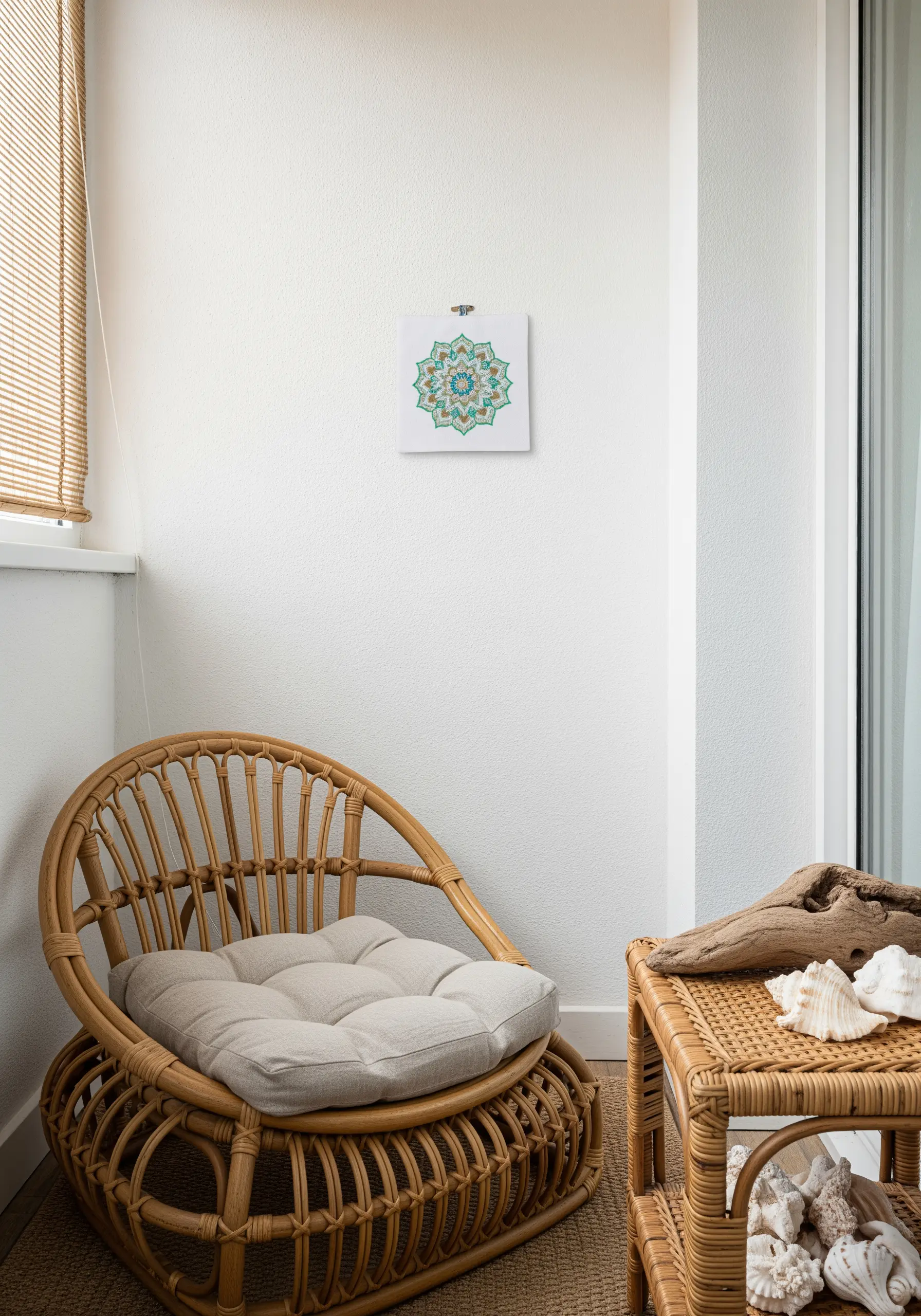 A geometric mandala in teal and green stitched on white paper.
