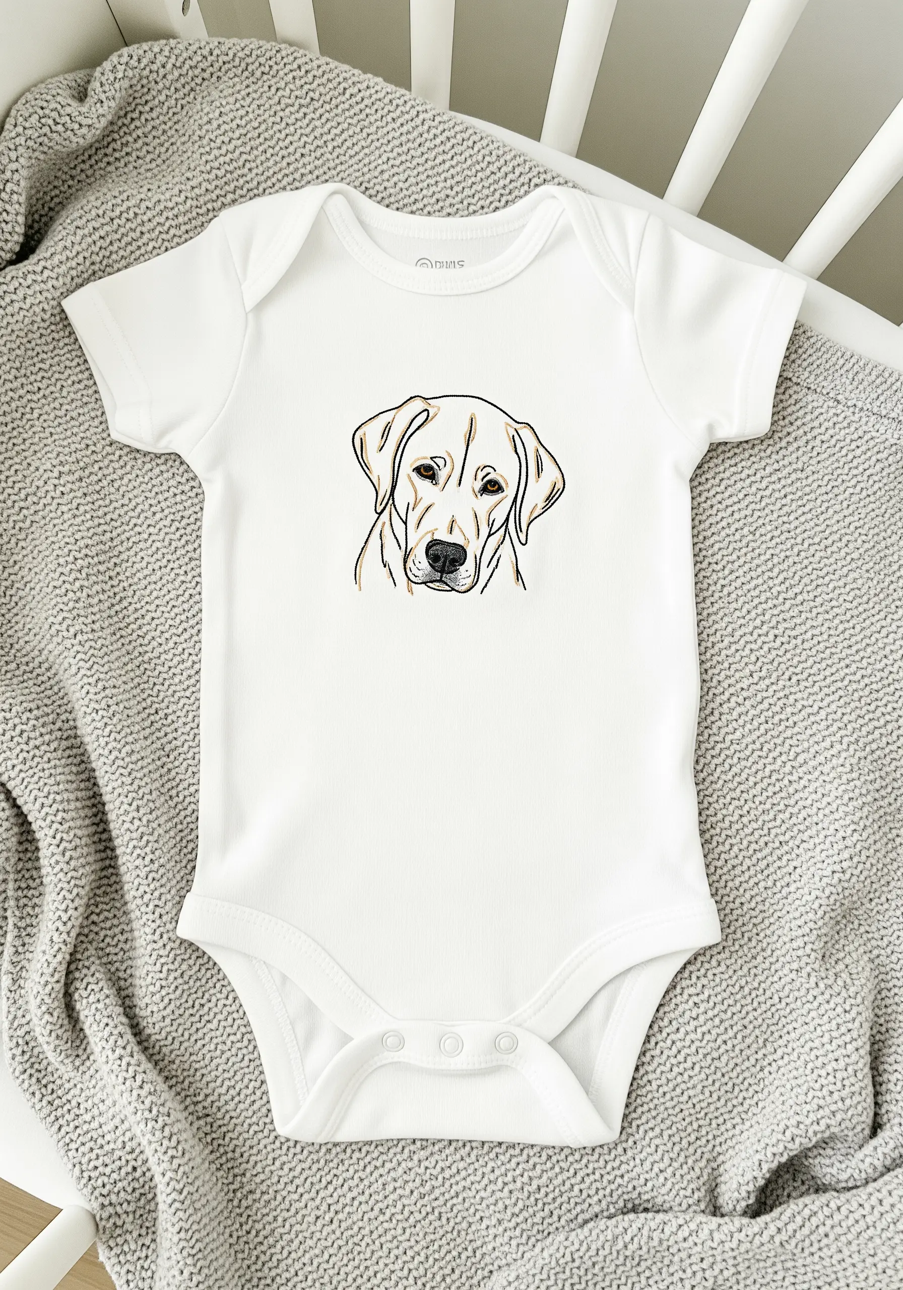 Line art portrait of a Labrador on a white baby onesie.