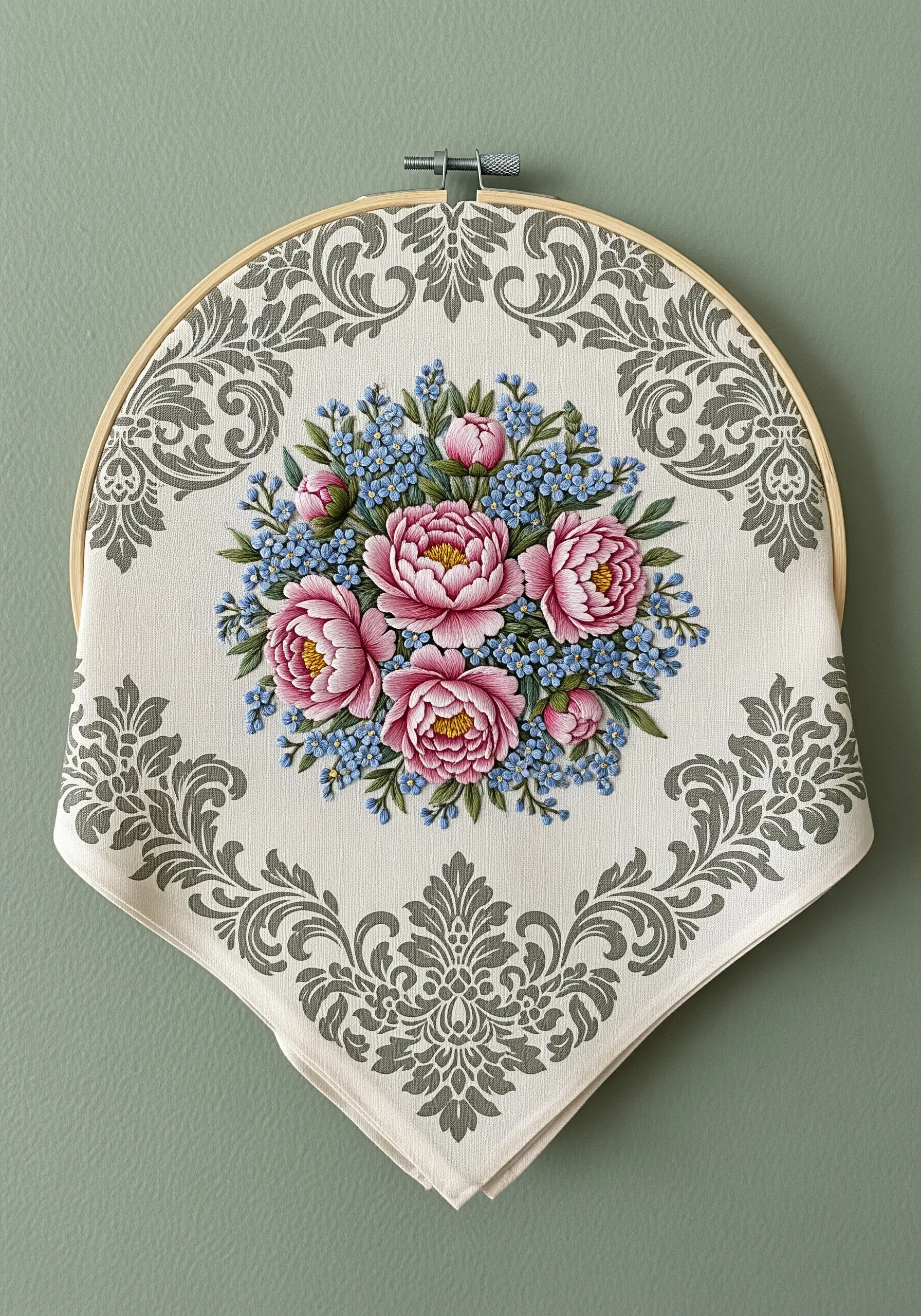 Pink peonies and blue forget-me-nots embroidered over a grey damask pattern.