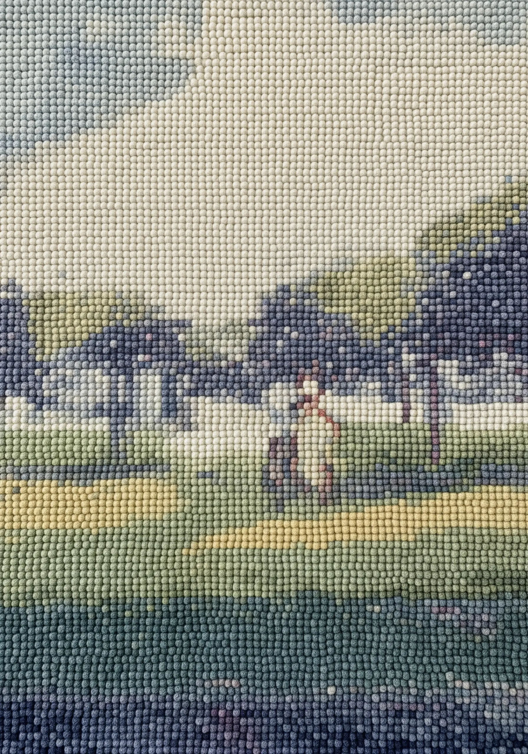A close-up of a pointillist-style landscape made entirely of tiny, colorful French knots.