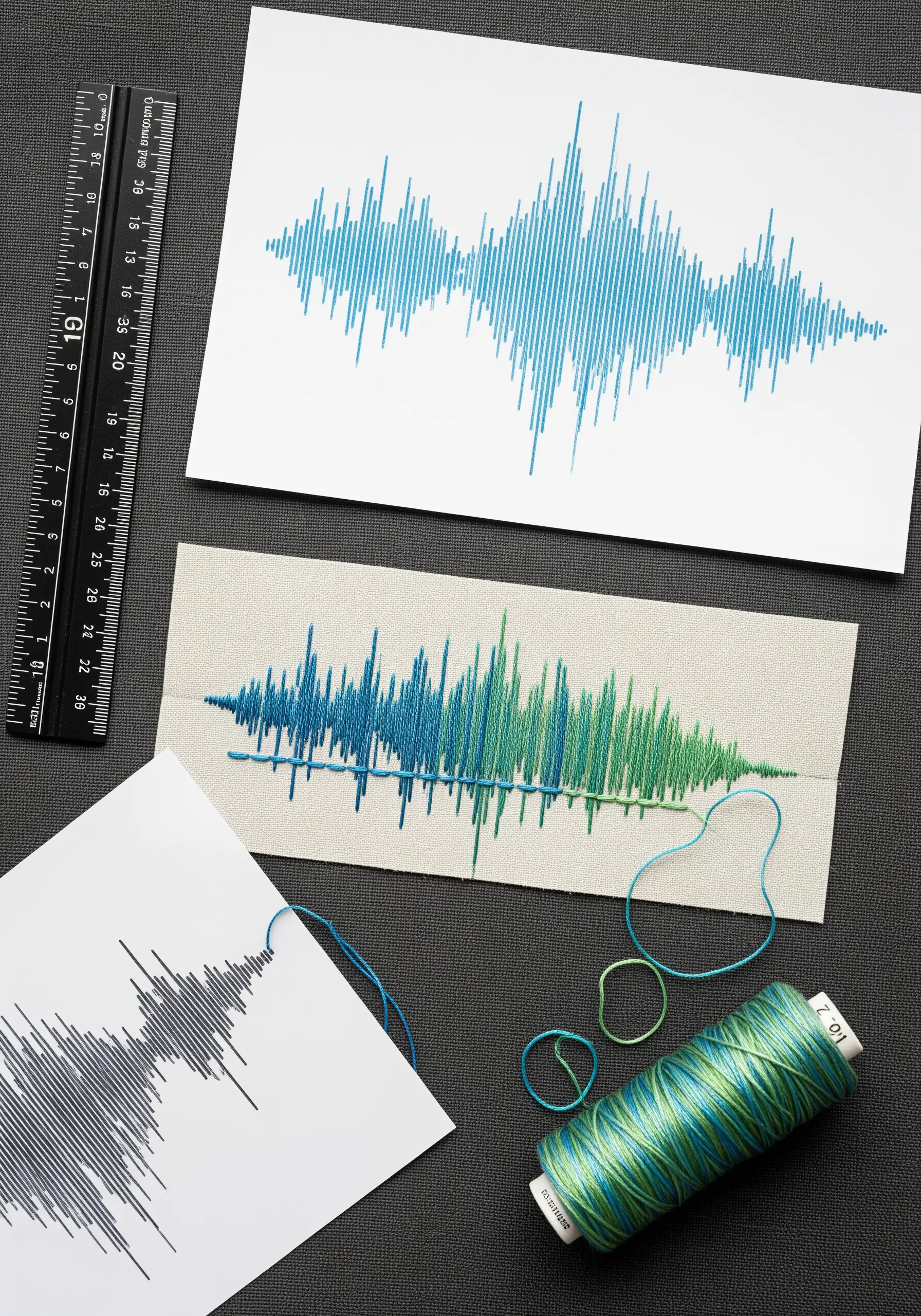 An embroidered sound wave stitched in variegated blue-green thread, next to its paper printout.