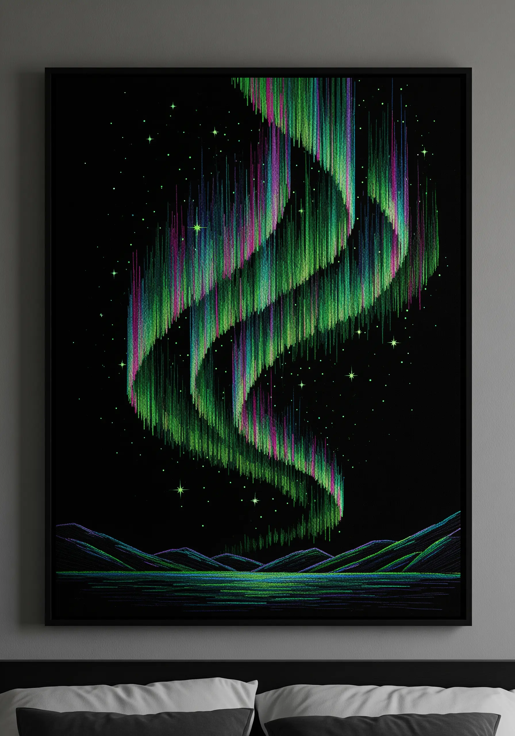 Embroidery of the northern lights with vertical stitches in green and purple on black fabric.